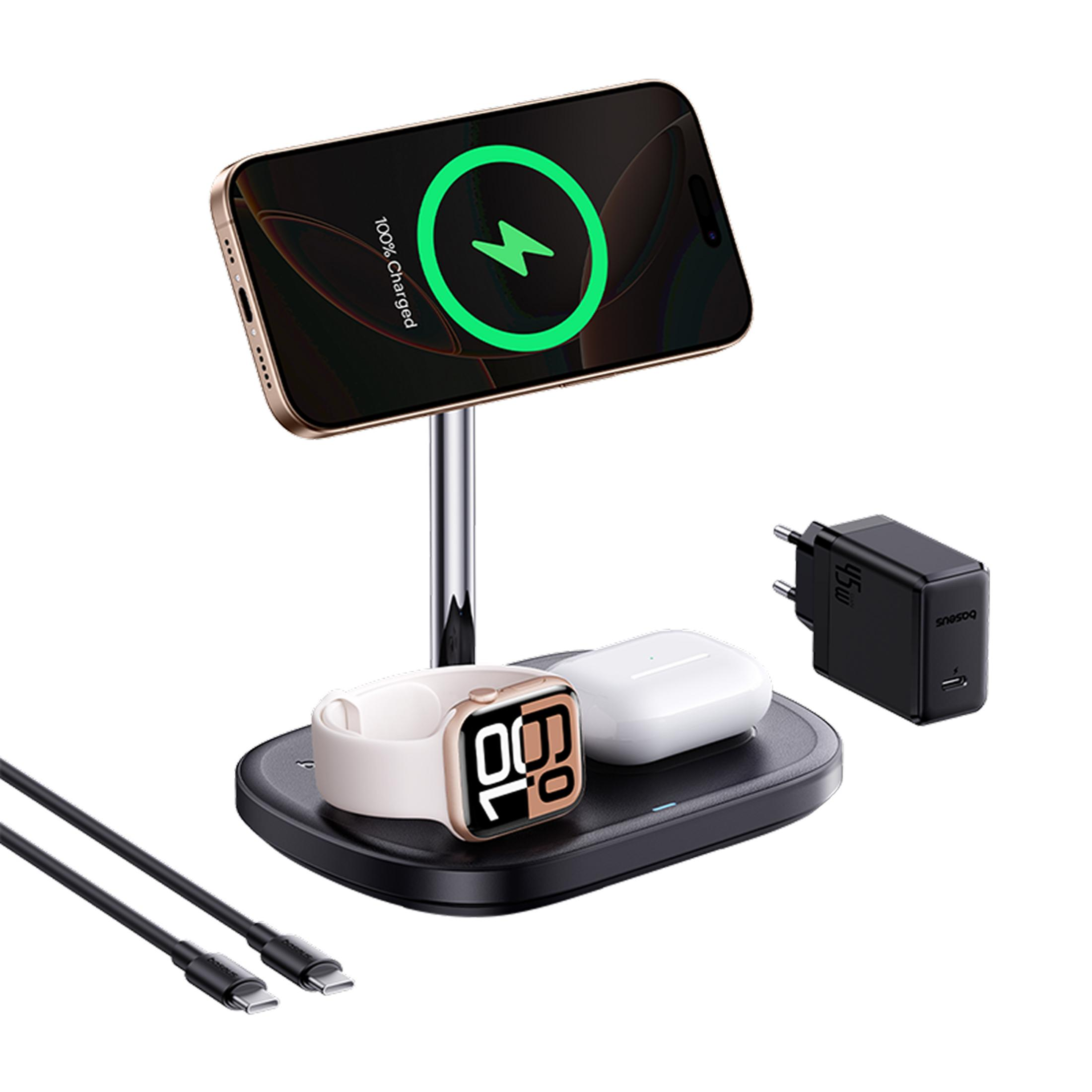 Un supporto di ricarica con telefono, orologio, auricolari e adattatore di corrente.