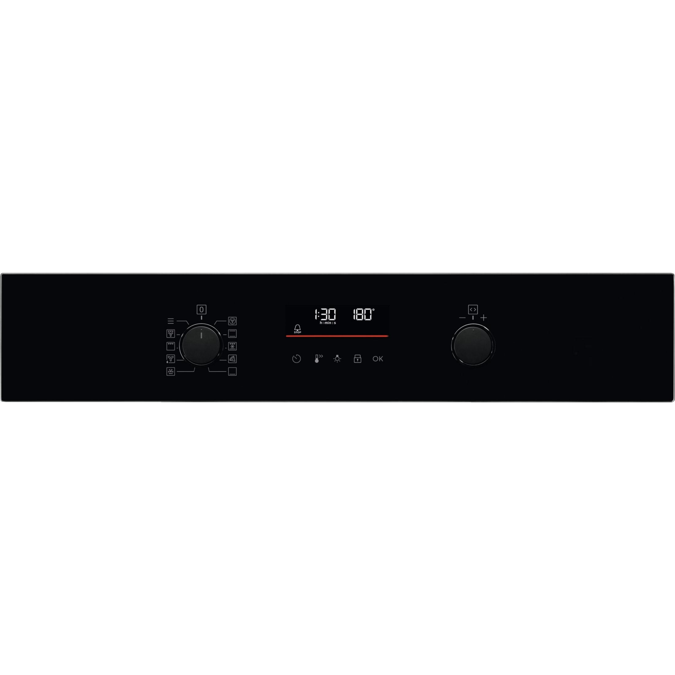 Panel de control de horno negro con pantalla digital que muestra 1:30 y 180 grados.