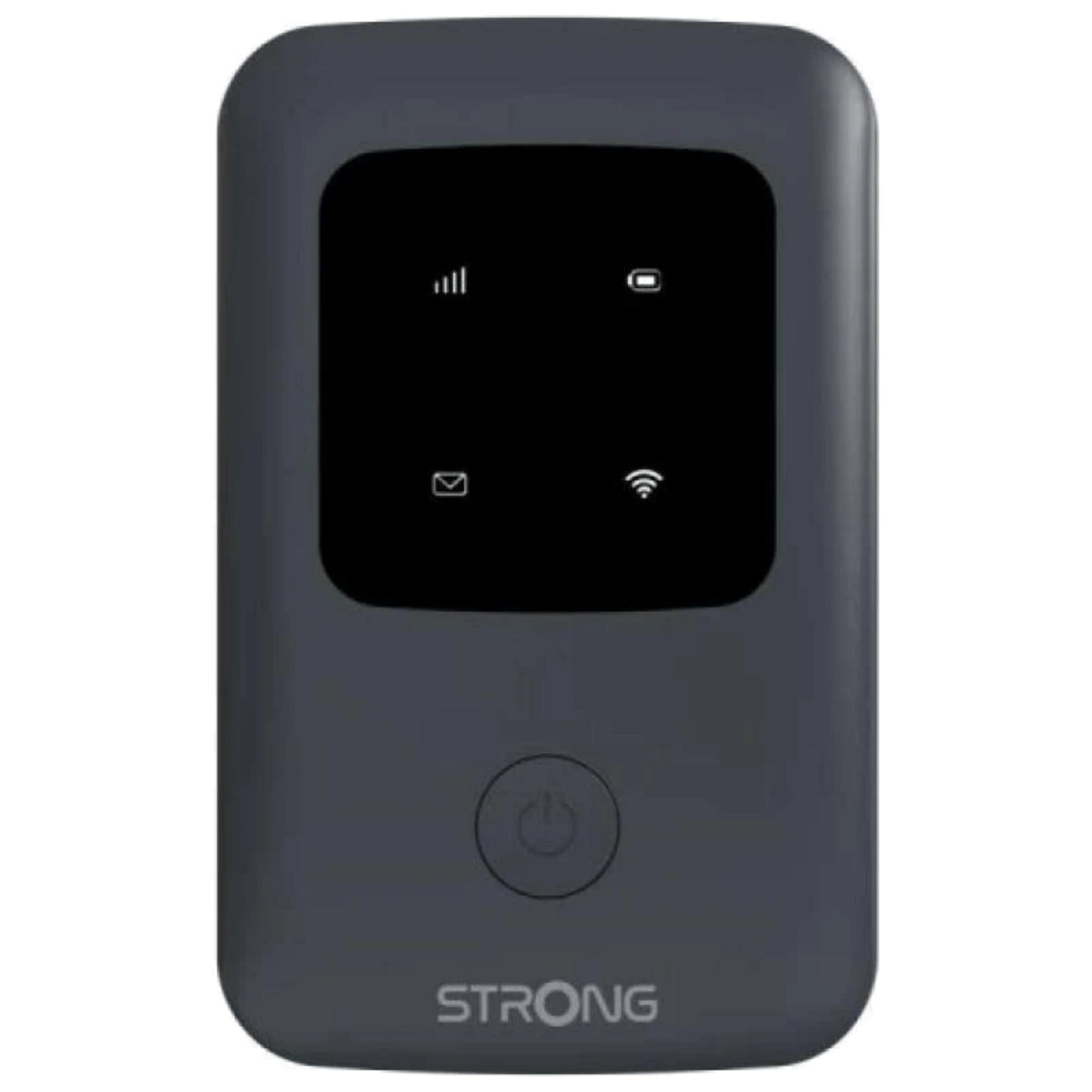Dispositivo mobile grigio scuro con schermo nero, icone e logo.