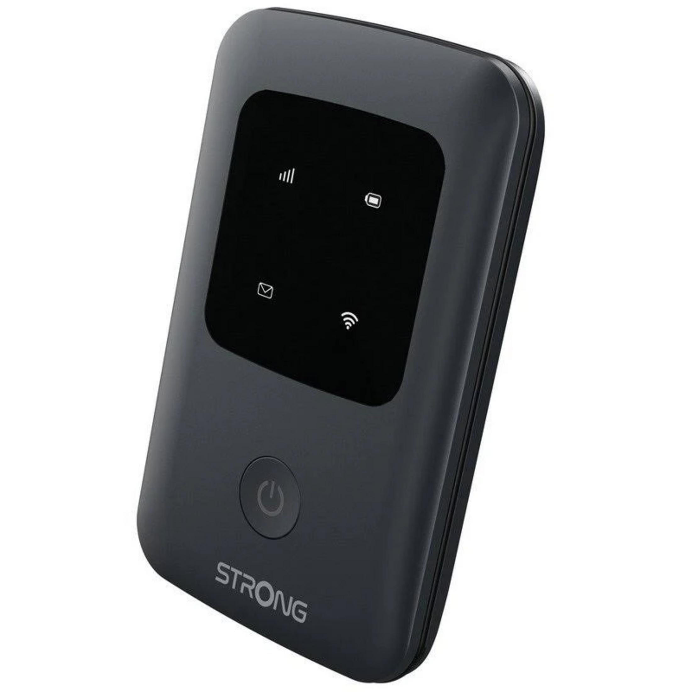 Un hotspot Wi-Fi mobile nero STRONG con pulsante di accensione e schermo.