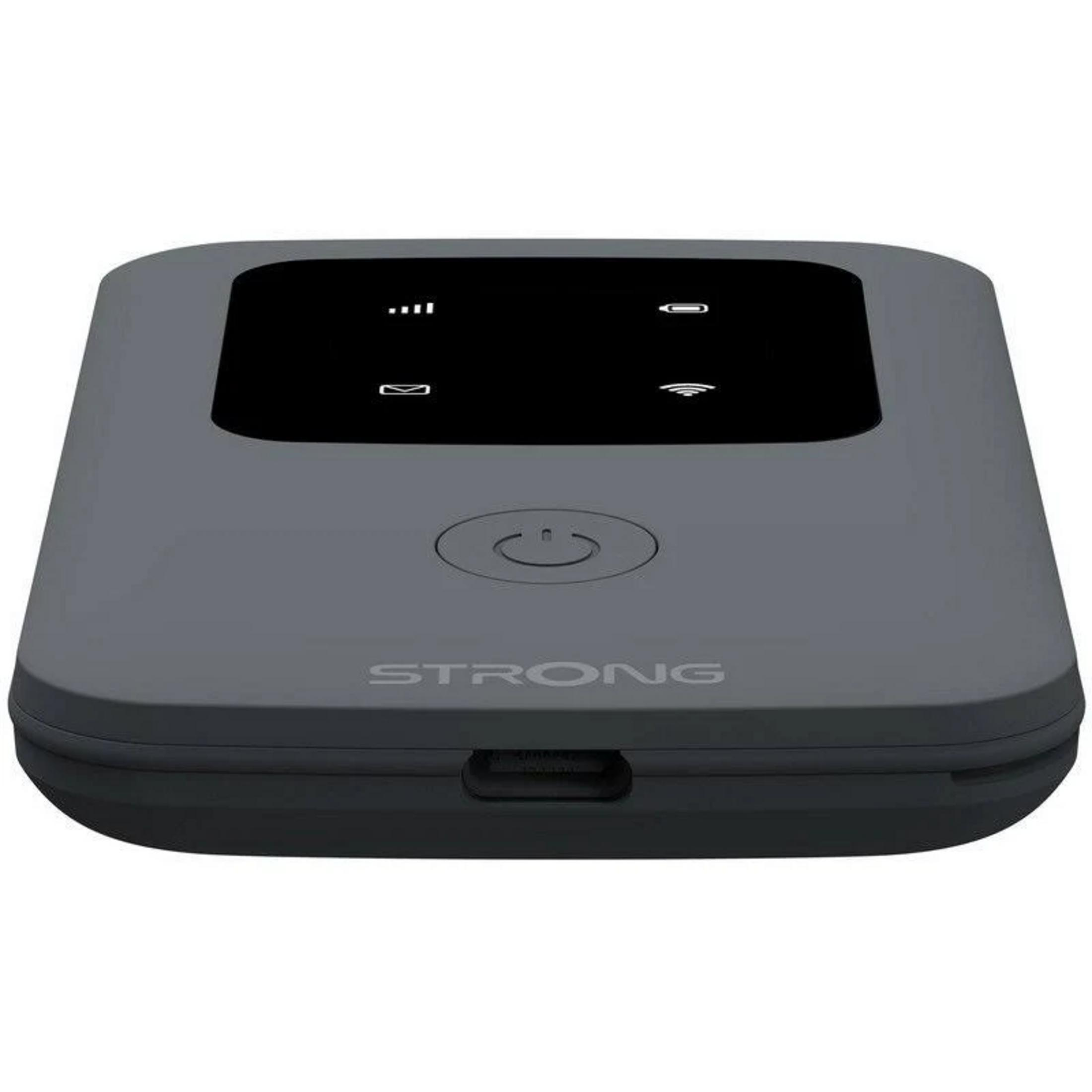 Dispositivo hotspot mobile grigio con schermo nero e pulsante di accensione.