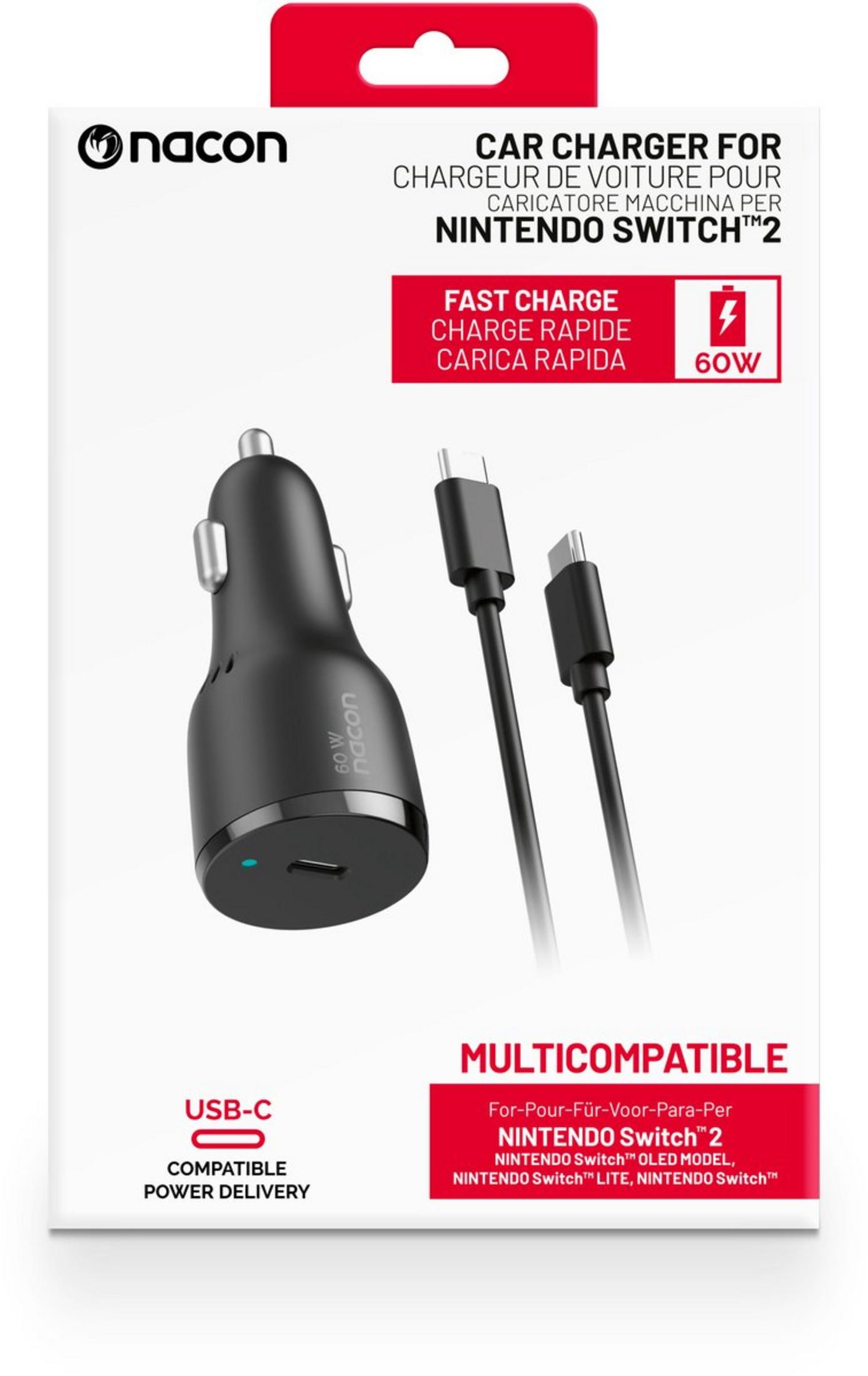 Caricabatterie da auto Nacon per Nintendo Switch 2, con USB-C e ricarica rapida 60W.