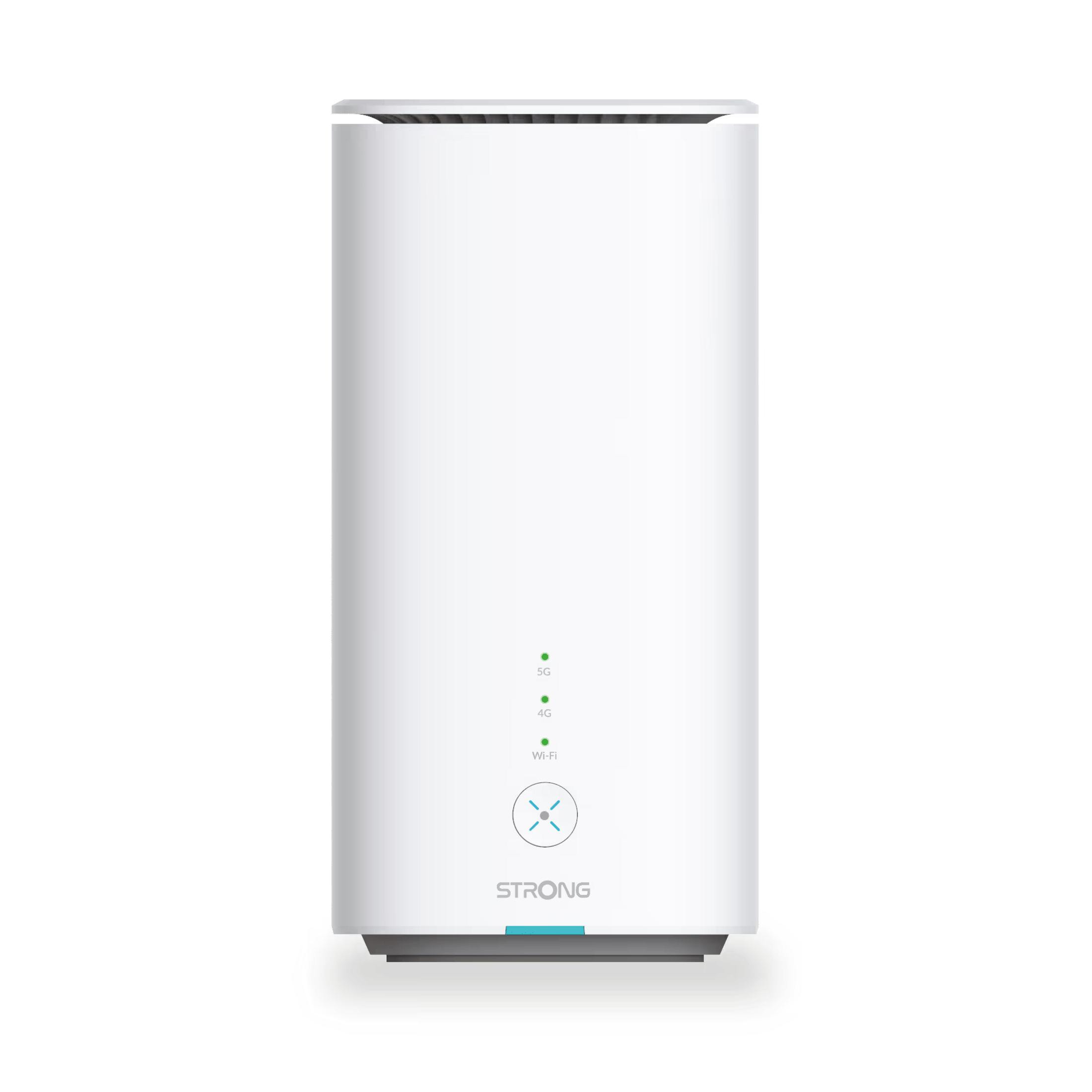 Ein weißer 5G-Router mit "STRONG" Logo und Status-LEDs.
