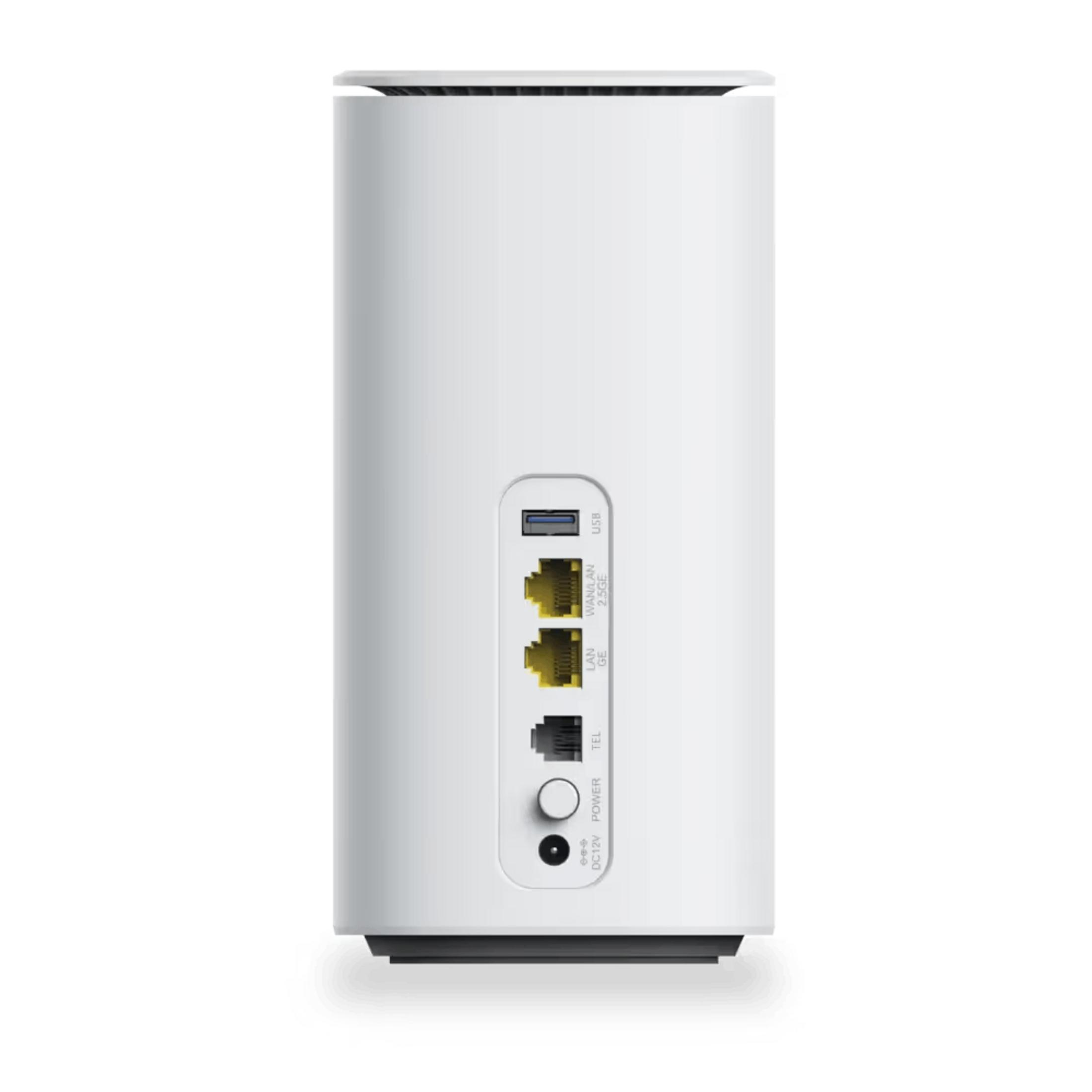Weiße Router-Rückseite mit Anschlüssen: USB, WAN/LAN, LAN, TEL, Netzteil und Power-Taste.