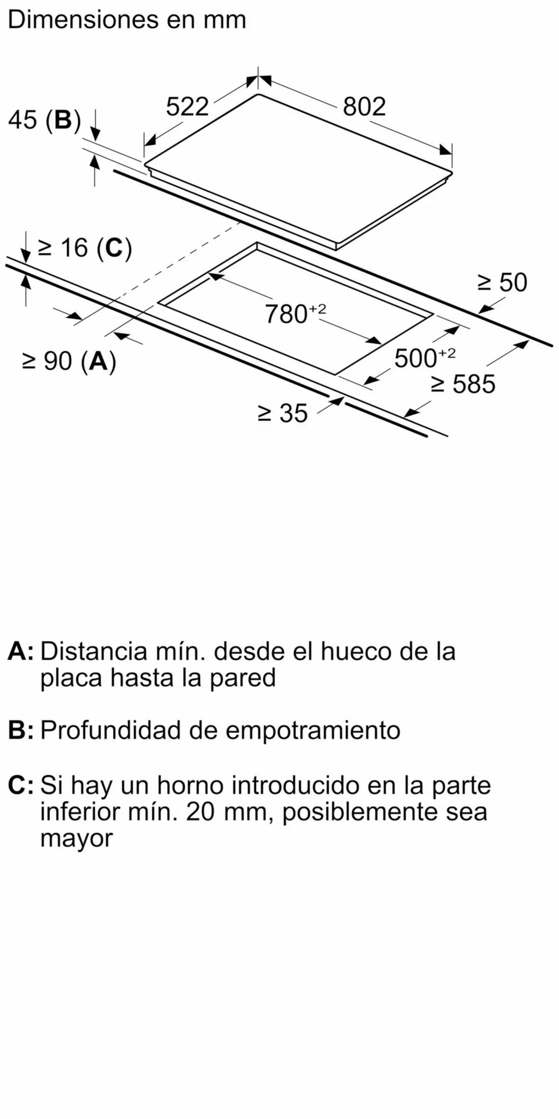 Diagrama en mm que muestra dimensiones para una placa de cocina. Incluye recorte y distancias mínimas.