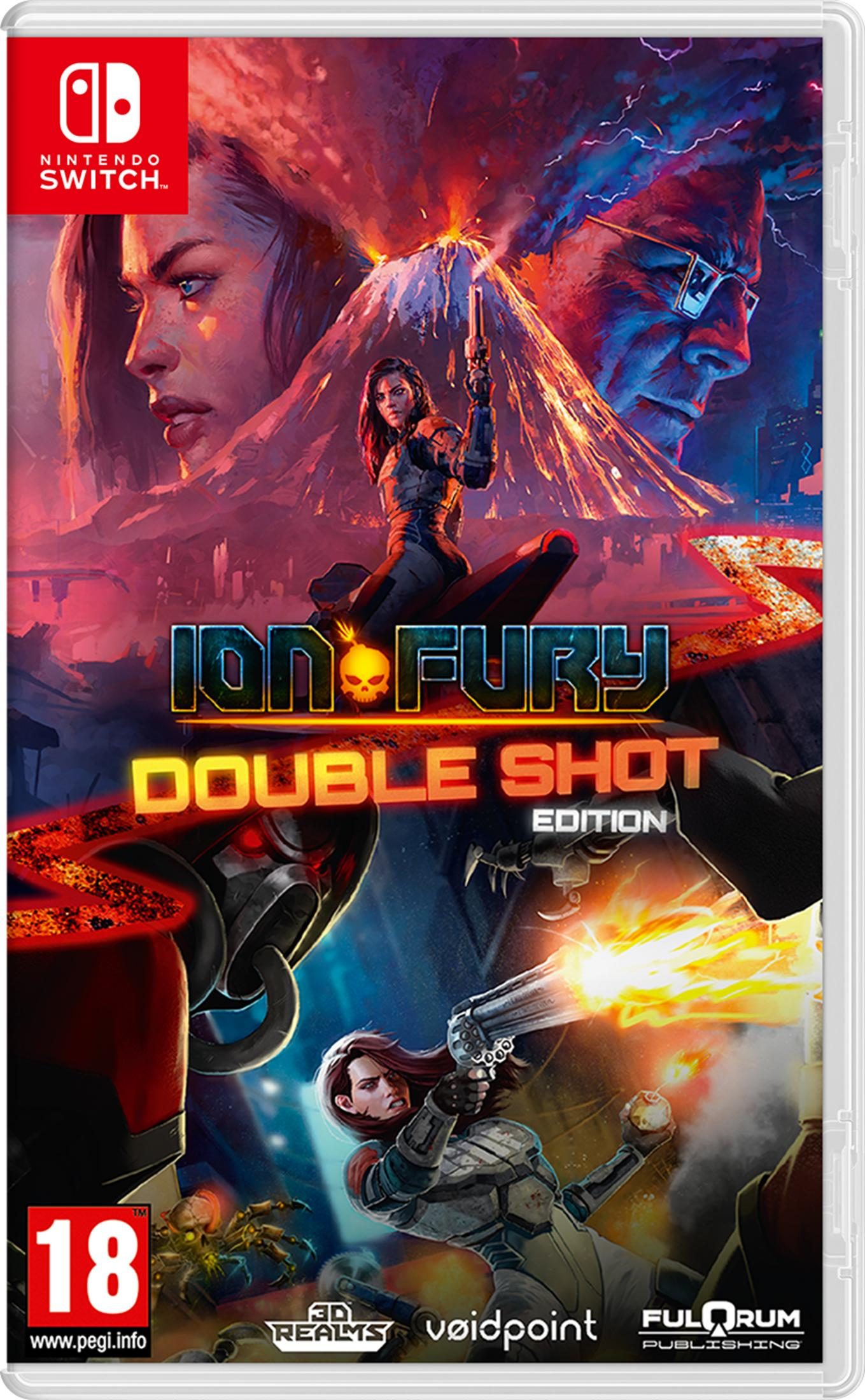 Copertina: Due donne, un uomo con occhiali, vulcano, esplosioni, logo Nintendo Switch.