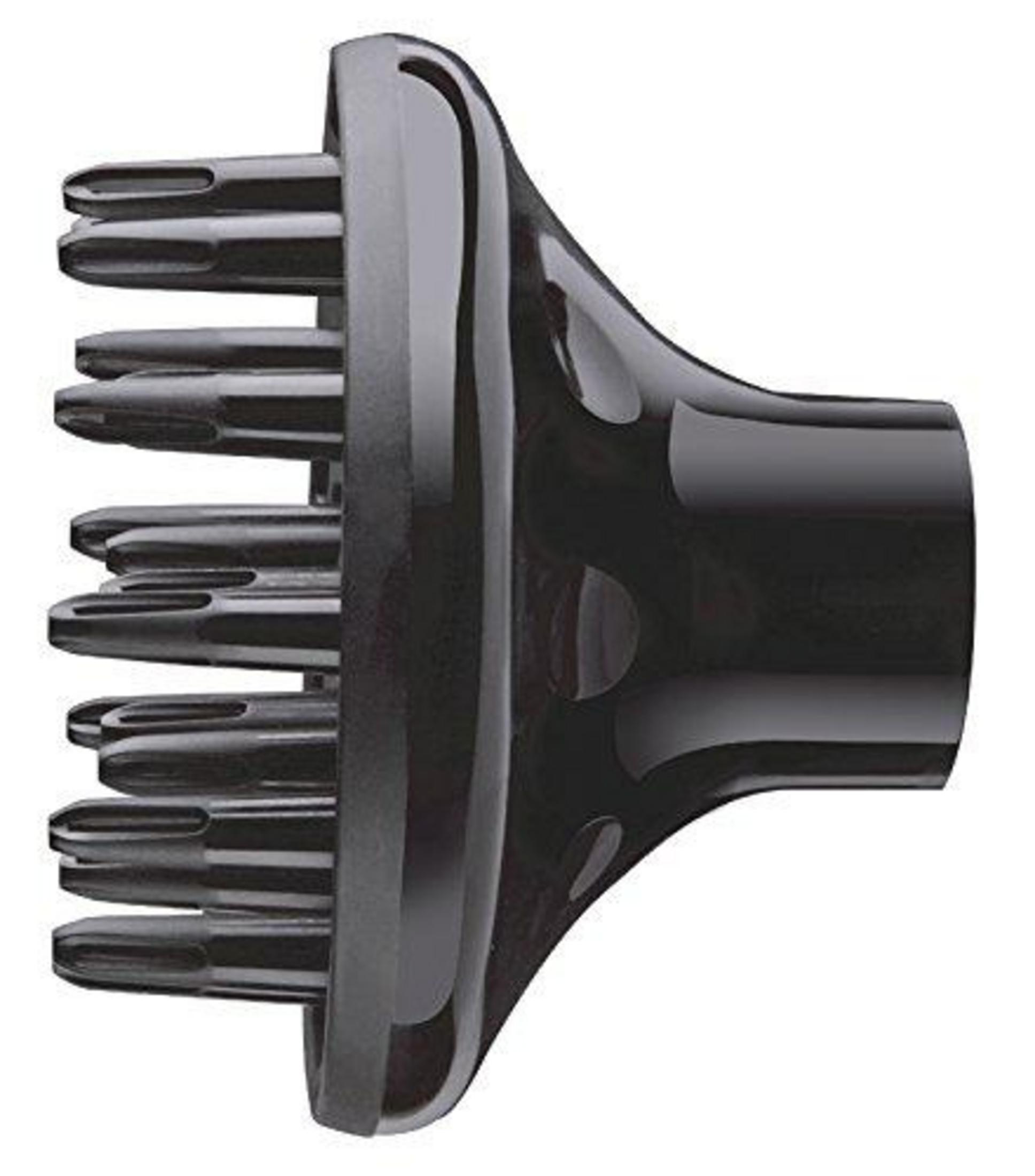 Un accessorio diffusore nero per asciugacapelli con denti simili a dita.