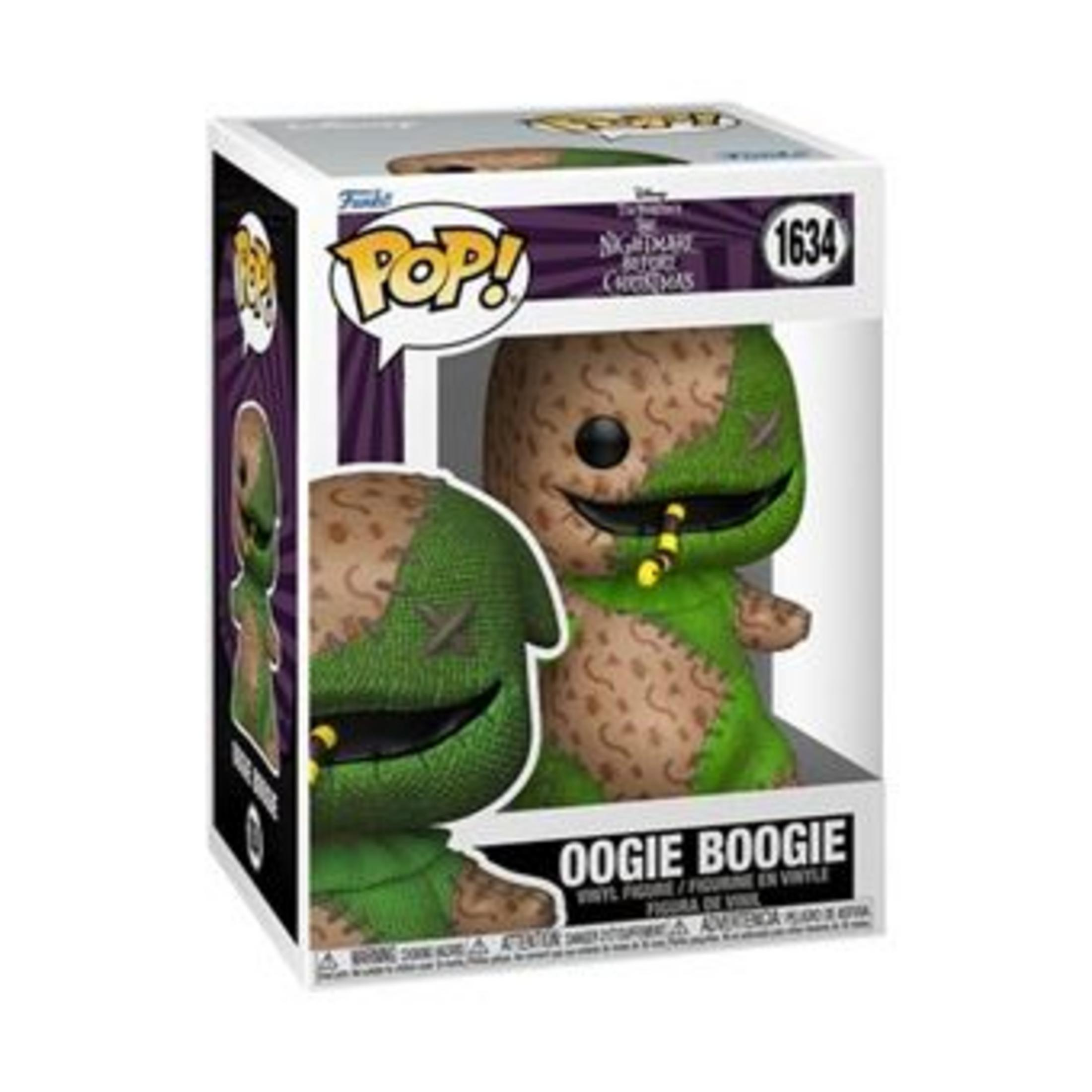 Figura Funko Pop! Oogie Boogie en caja, parches verdes y marrones, con ojos amarillos.
