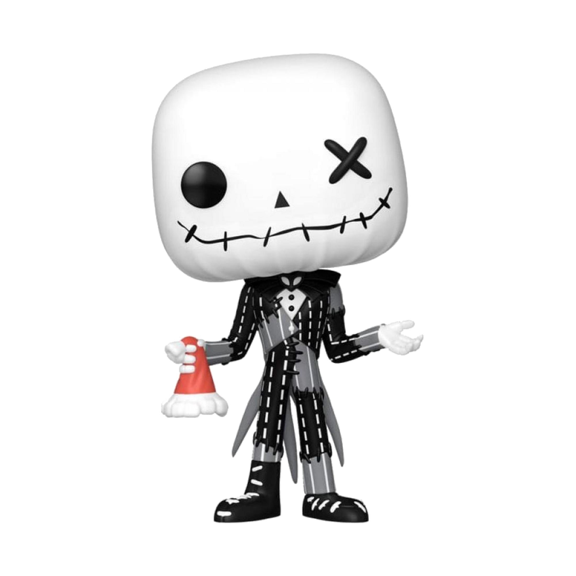 Figura de Jack Skellington con gorro de Papá Noel, traje negro.