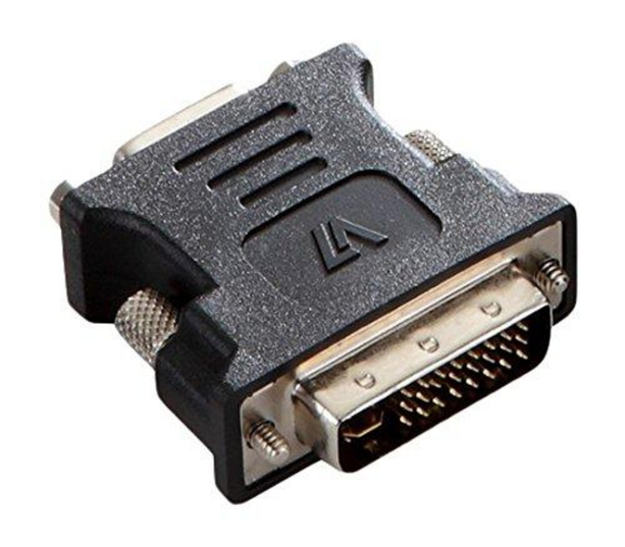 Un adattatore DVI a VGA nero con viti zigrinate e un logo.