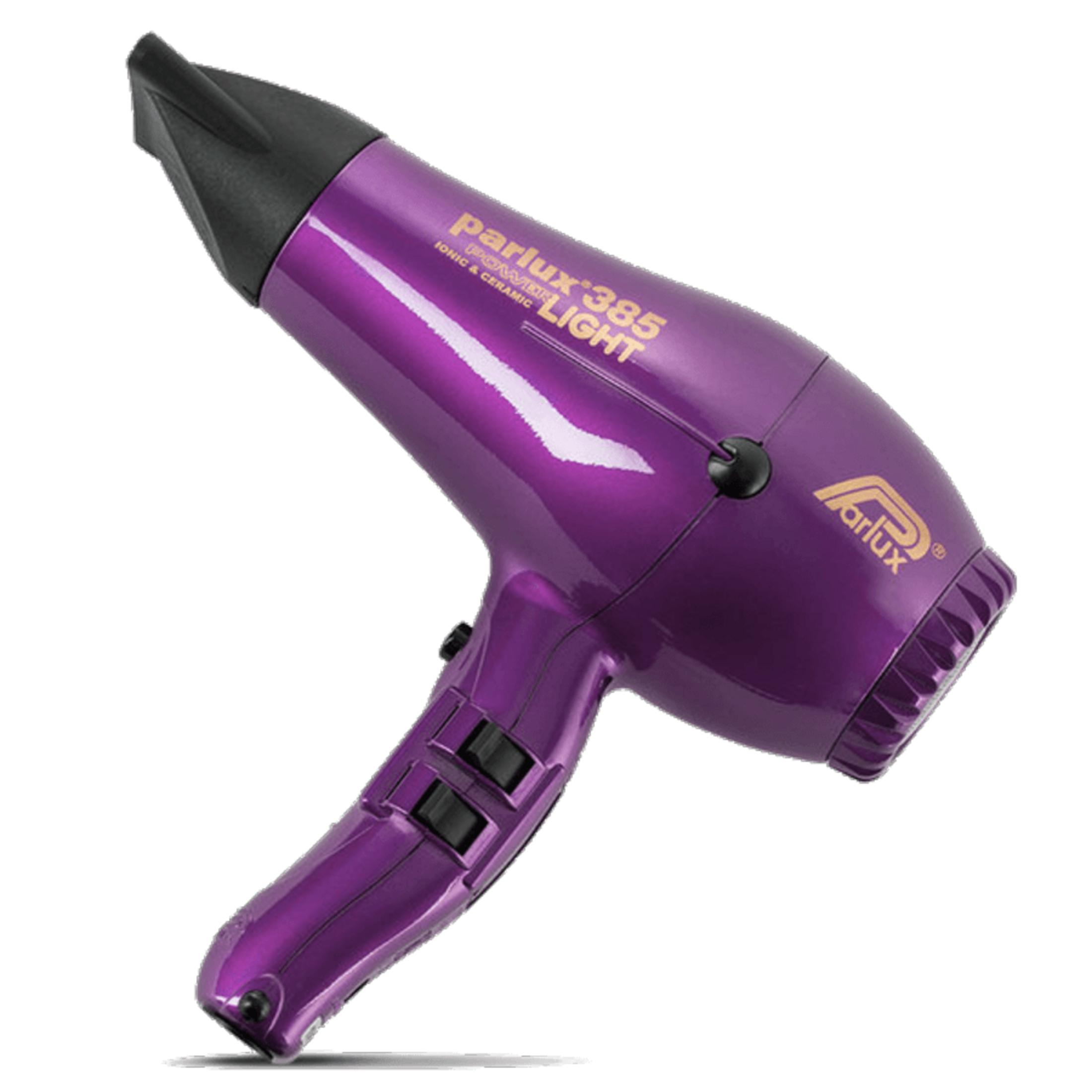Secador de pelo morado con boquilla y mango negros, marca Parlux 385.