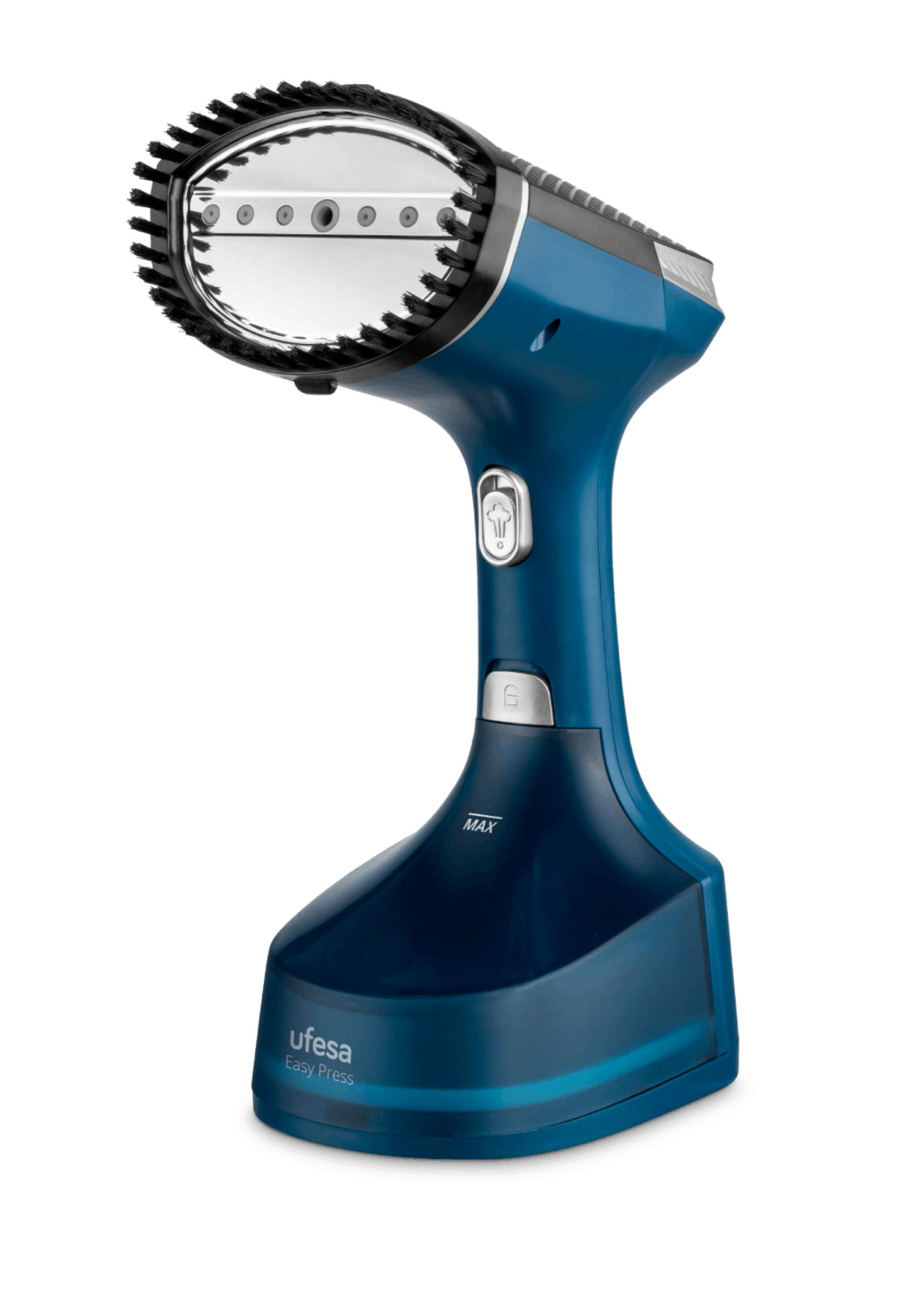 Un vaporizador de ropa azul de mano con accesorio de cepillo y salidas de vapor.