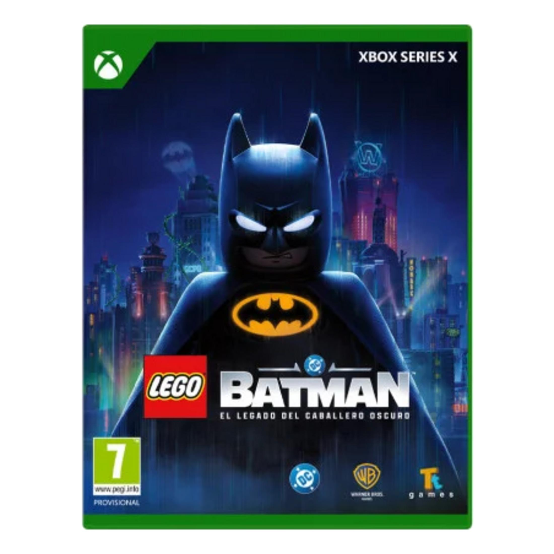 Copertina del gioco Lego Batman per Xbox Series X, con Batman e sfondo città.