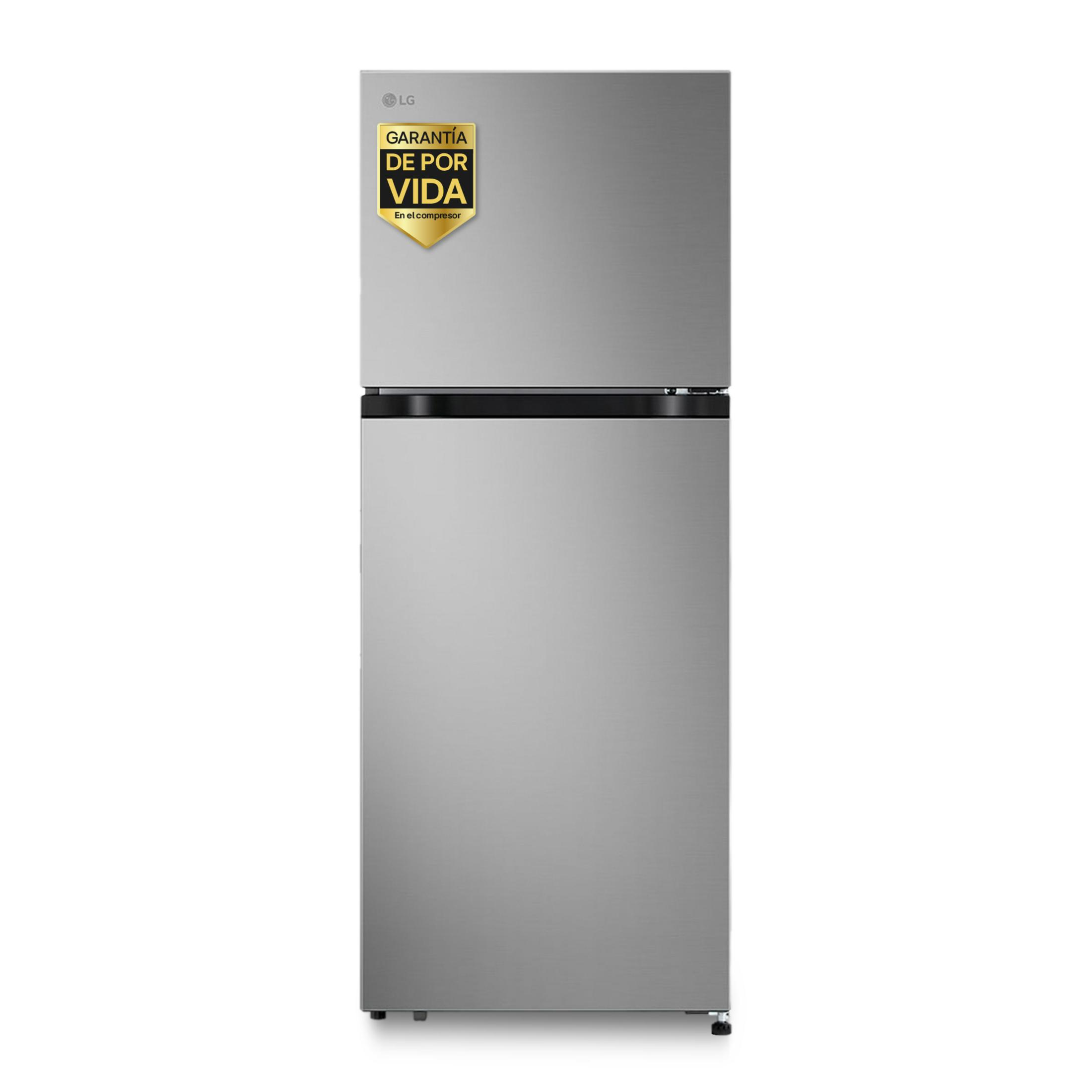 Un refrigerador LG plateado con etiqueta de garantía de por vida arriba.