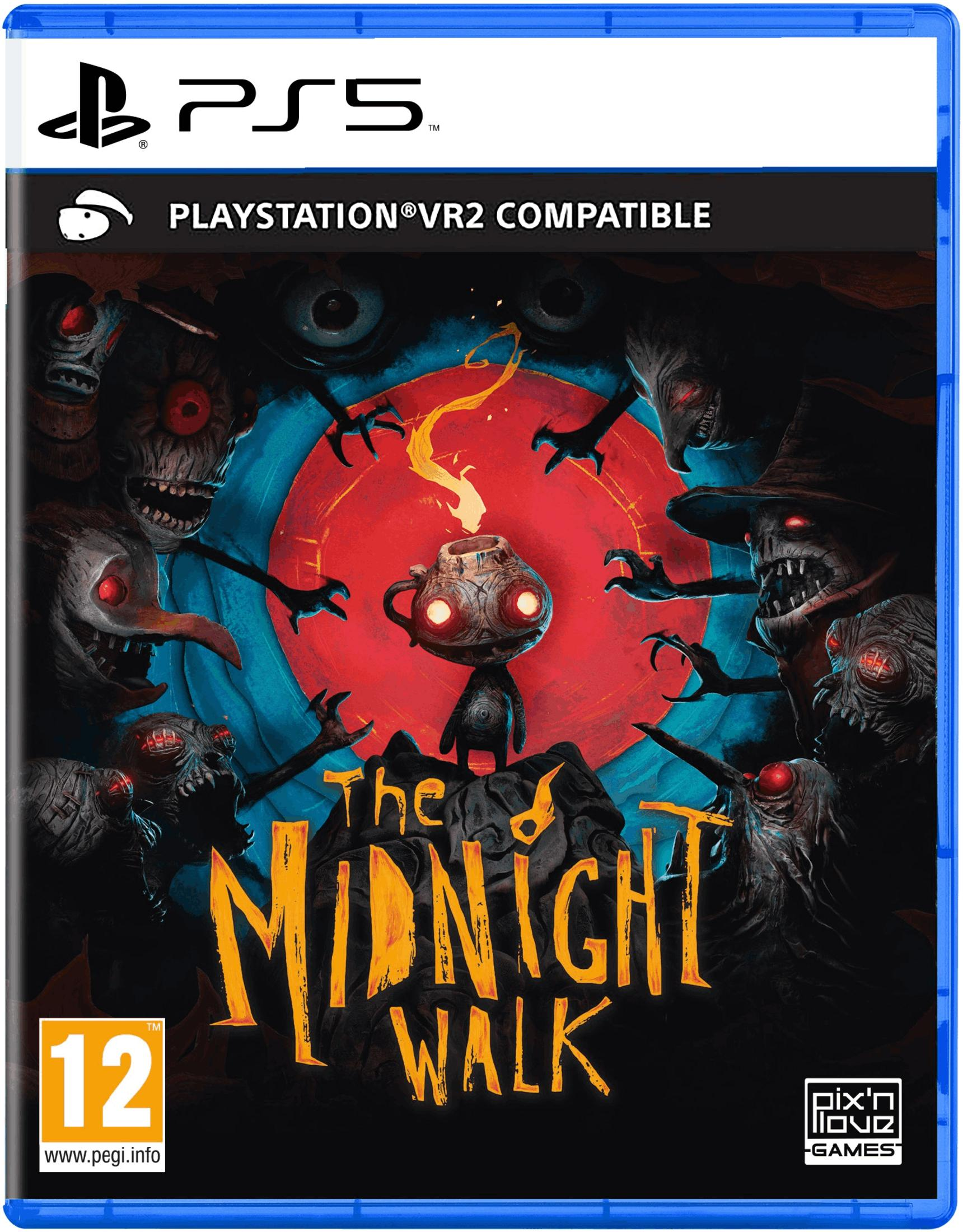 Copertina gioco PS5: "The Midnight Walk". Figure spettrali circondano uno spirito con testa di vaso.