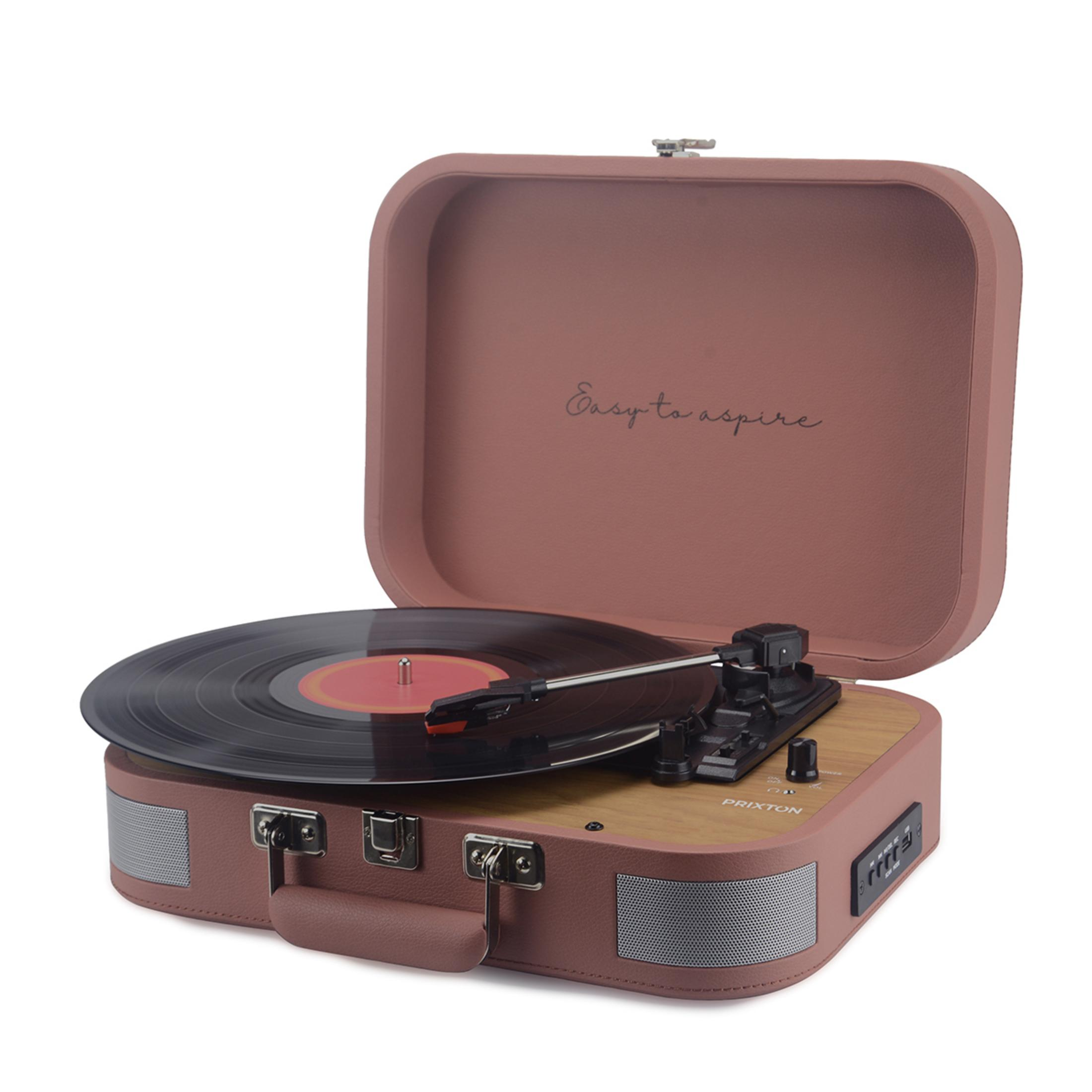 An open, rose-colored record player with a vinyl record and tonearm.