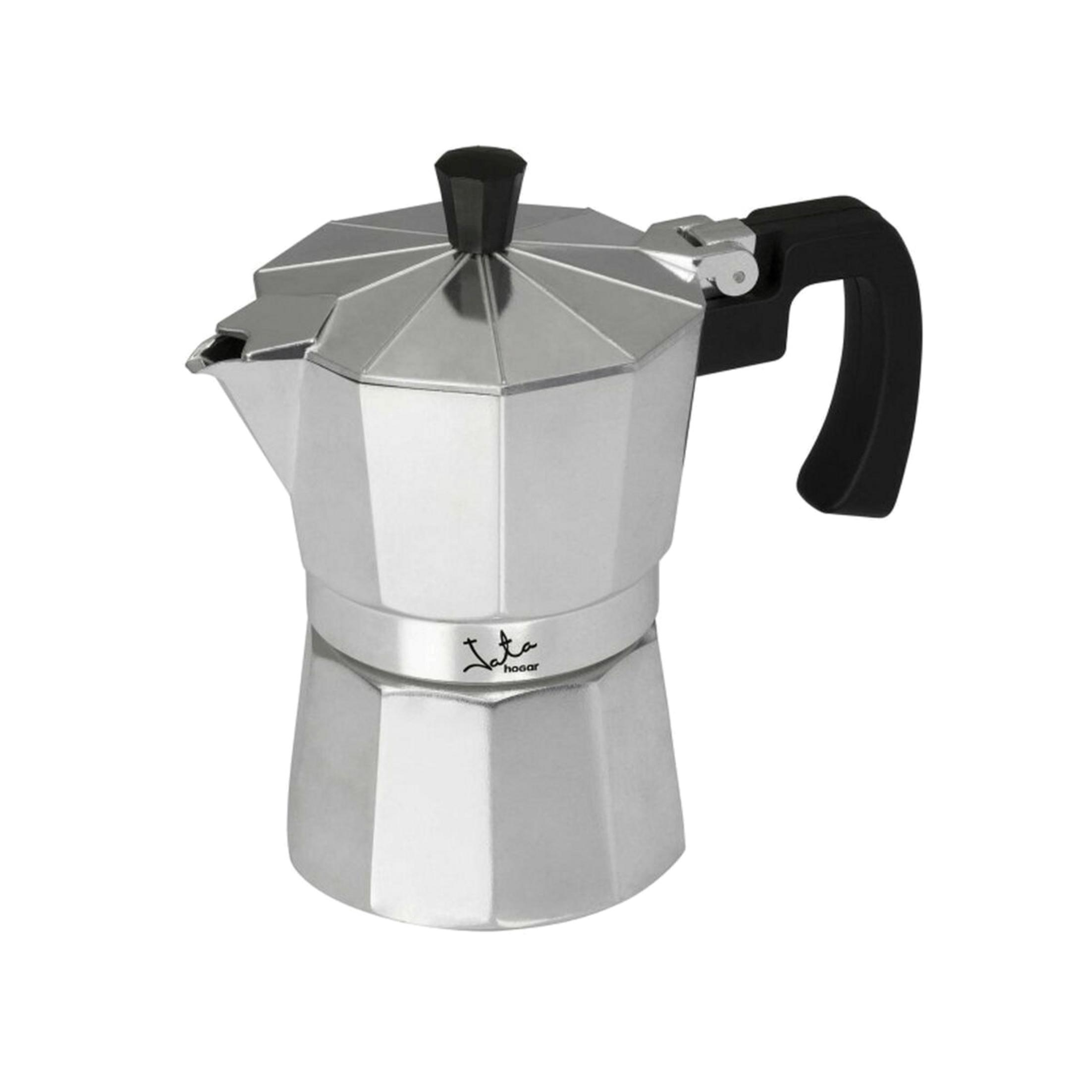 Moka argentata con manico e pomello neri.