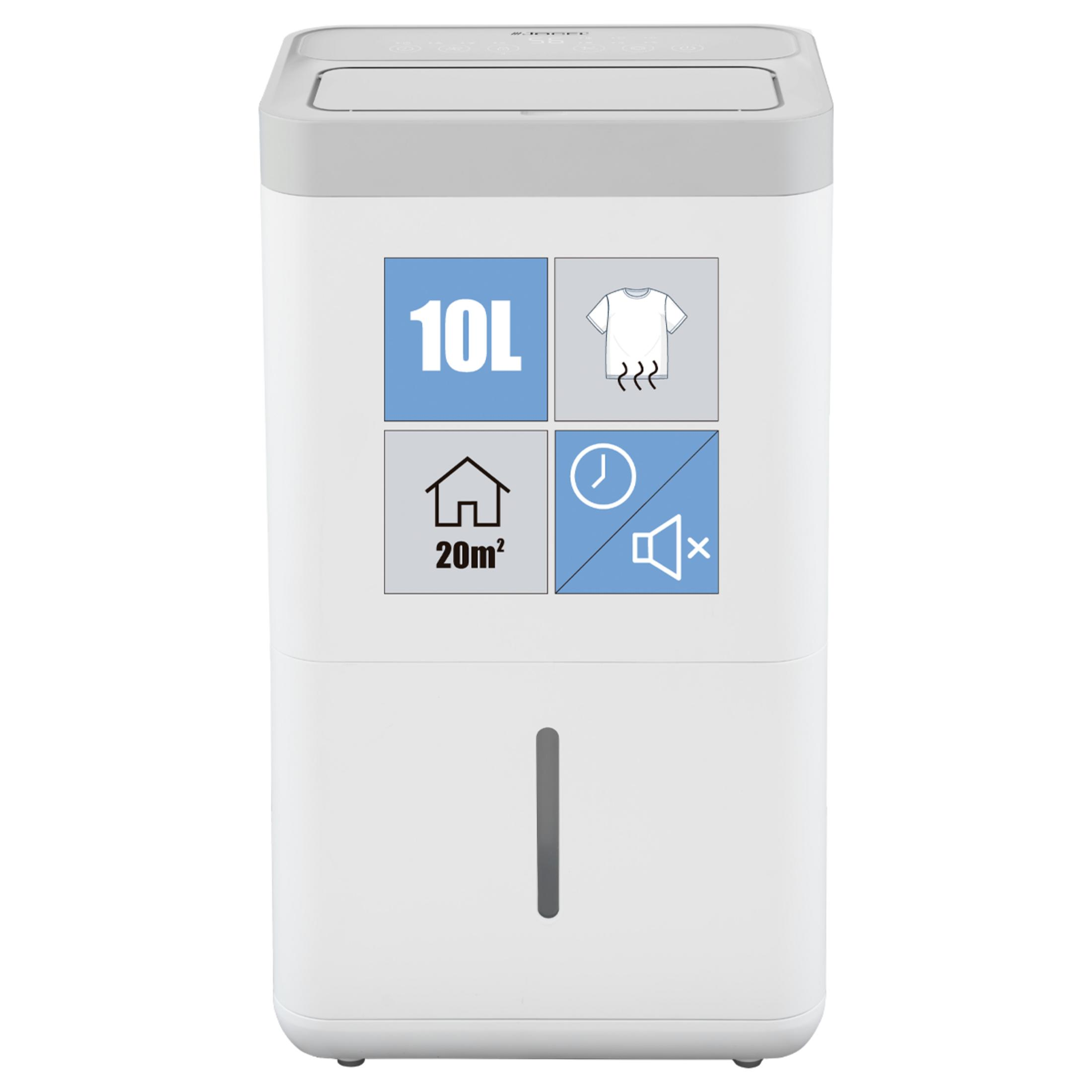 Deumidificatore bianco 10L, icona asciugatura panni, area 20m², timer e simbolo silenzioso.