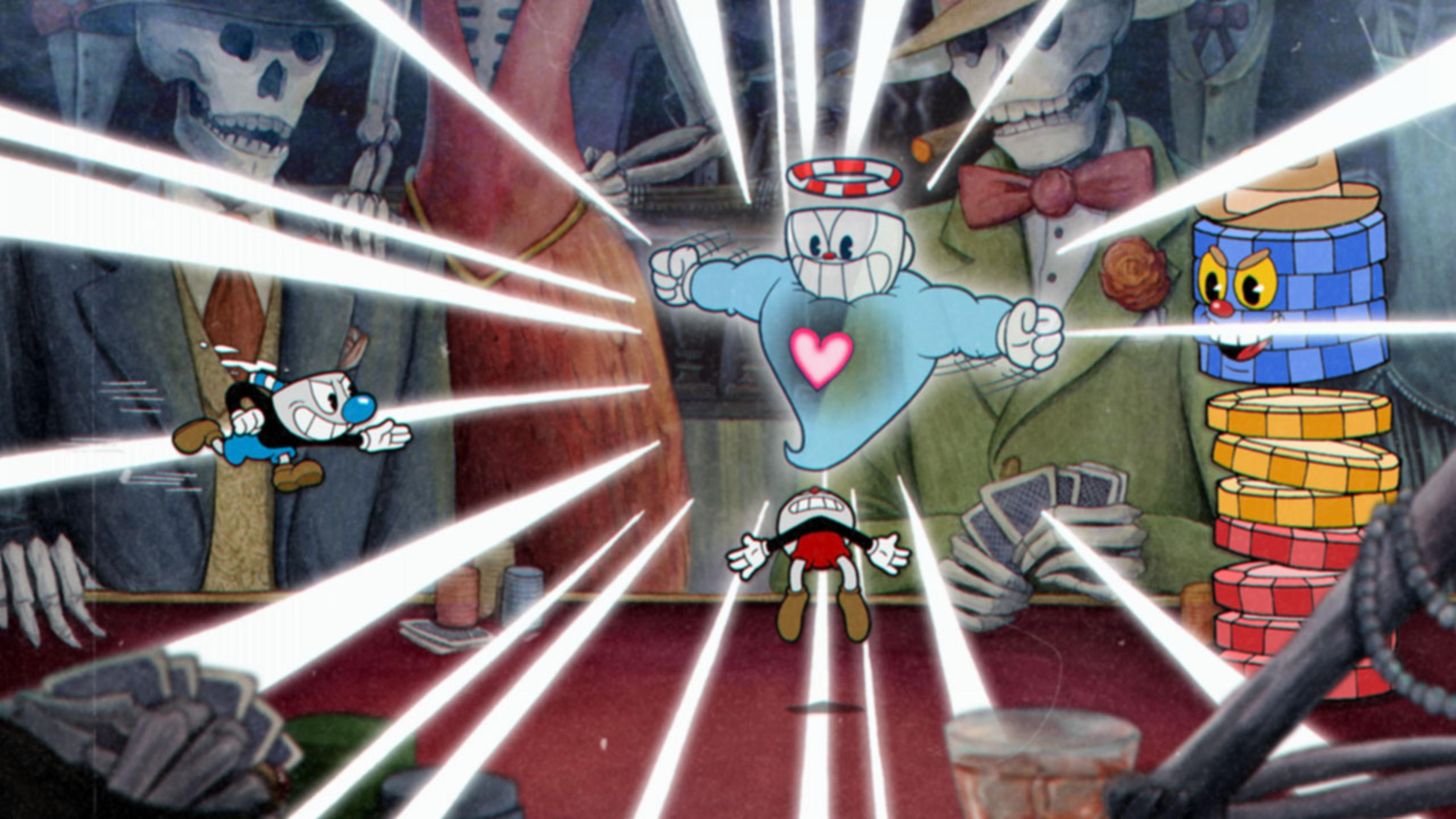 Personajes en un juego de cartas, un fantasma flota sobre ellos.