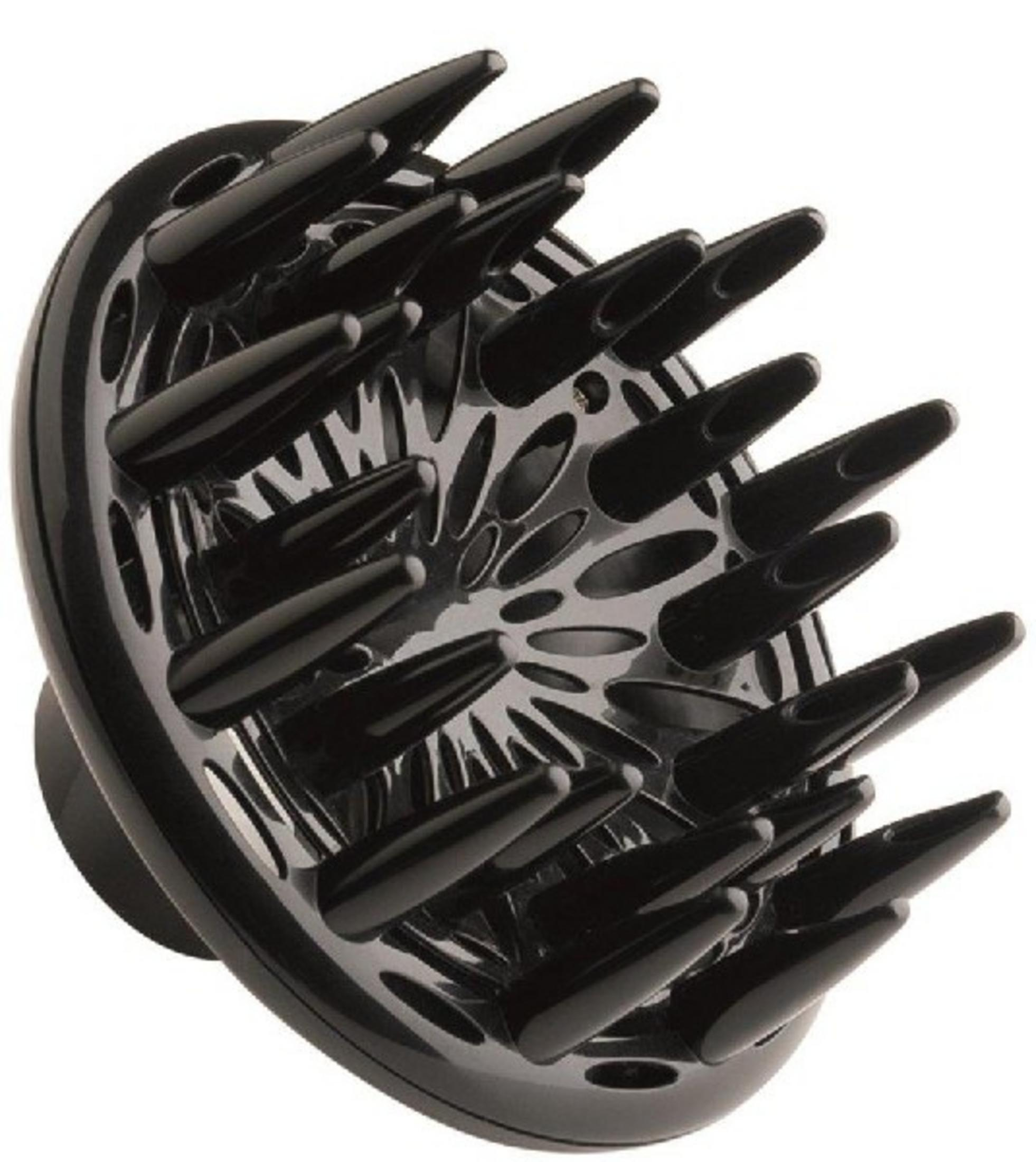 Un accessorio diffusore nero per asciugacapelli con molti denti.