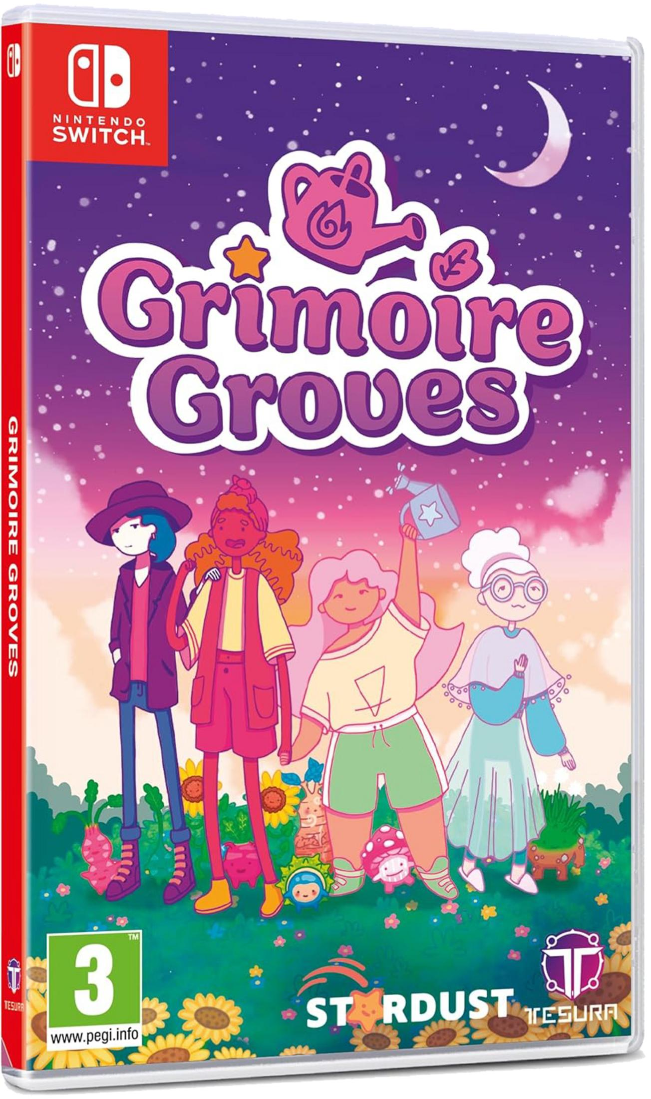Quattro personaggi su un prato verde con fiori. Il titolo "Grimoire Groves" è in alto.