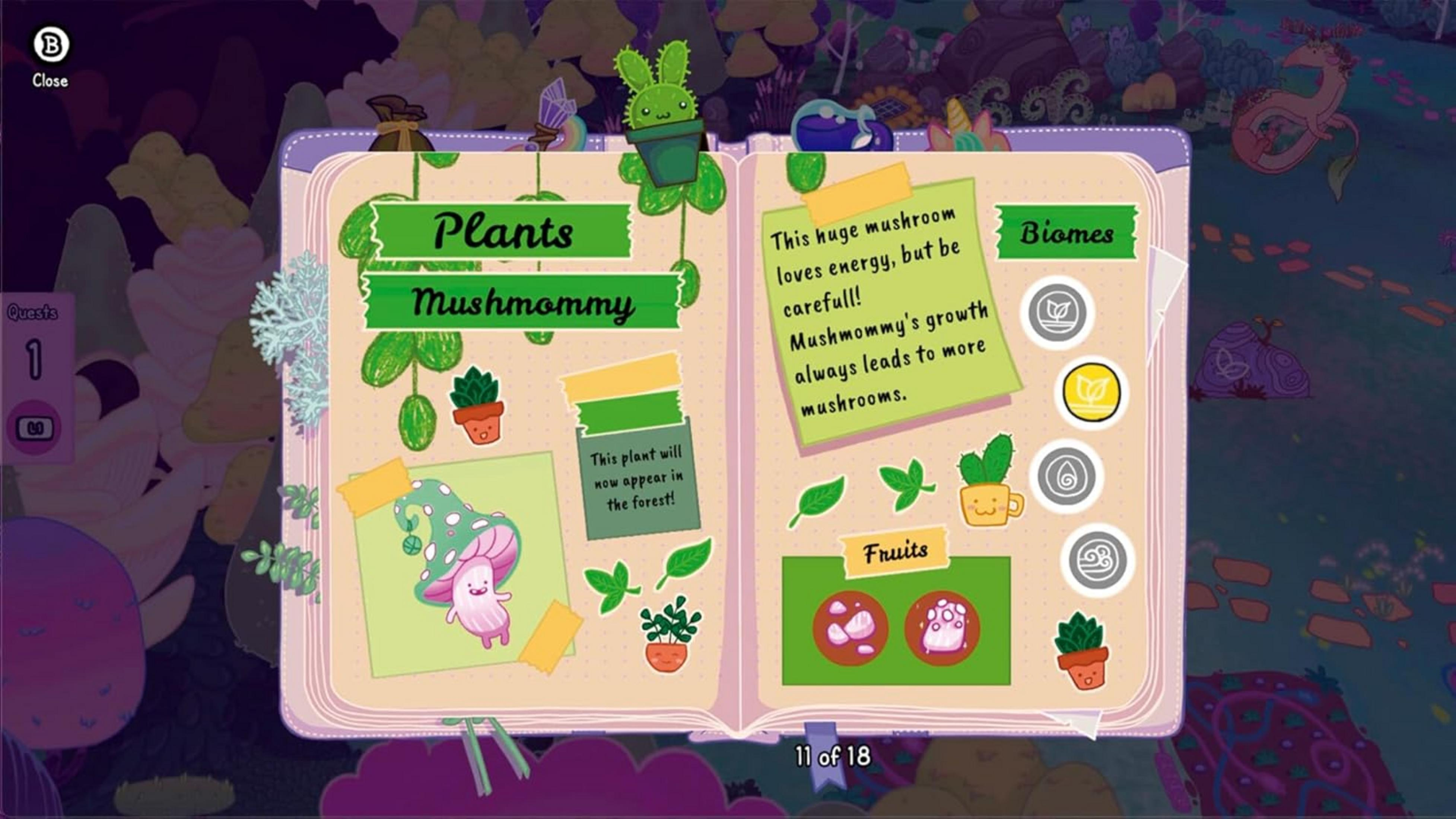 Un libro dell'inventario di gioco che mostra informazioni su funghi e piante, con un simpatico personaggio fungo.