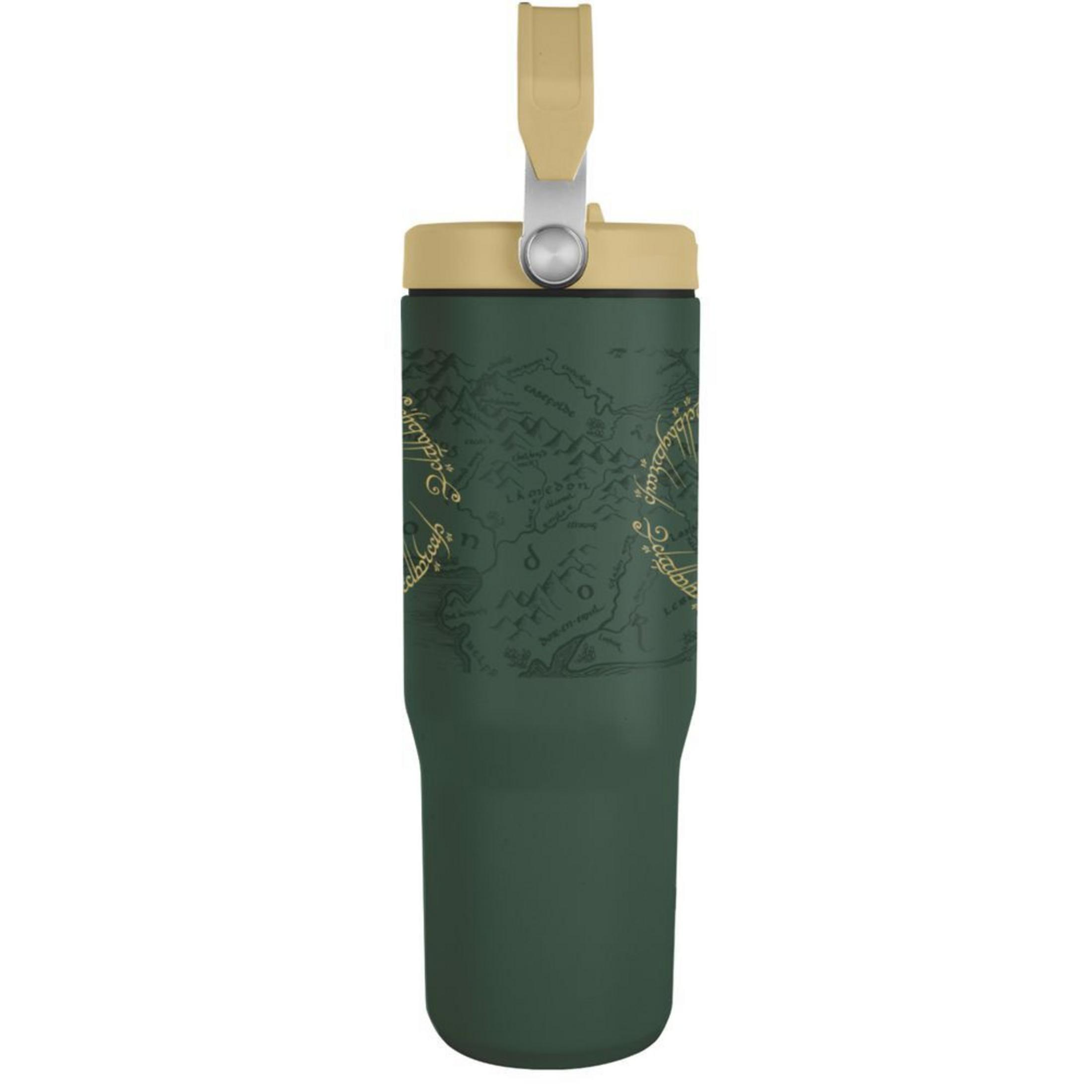 Un vaso verde oscuro con mapa de la Tierra Media y tapa beige y gris.