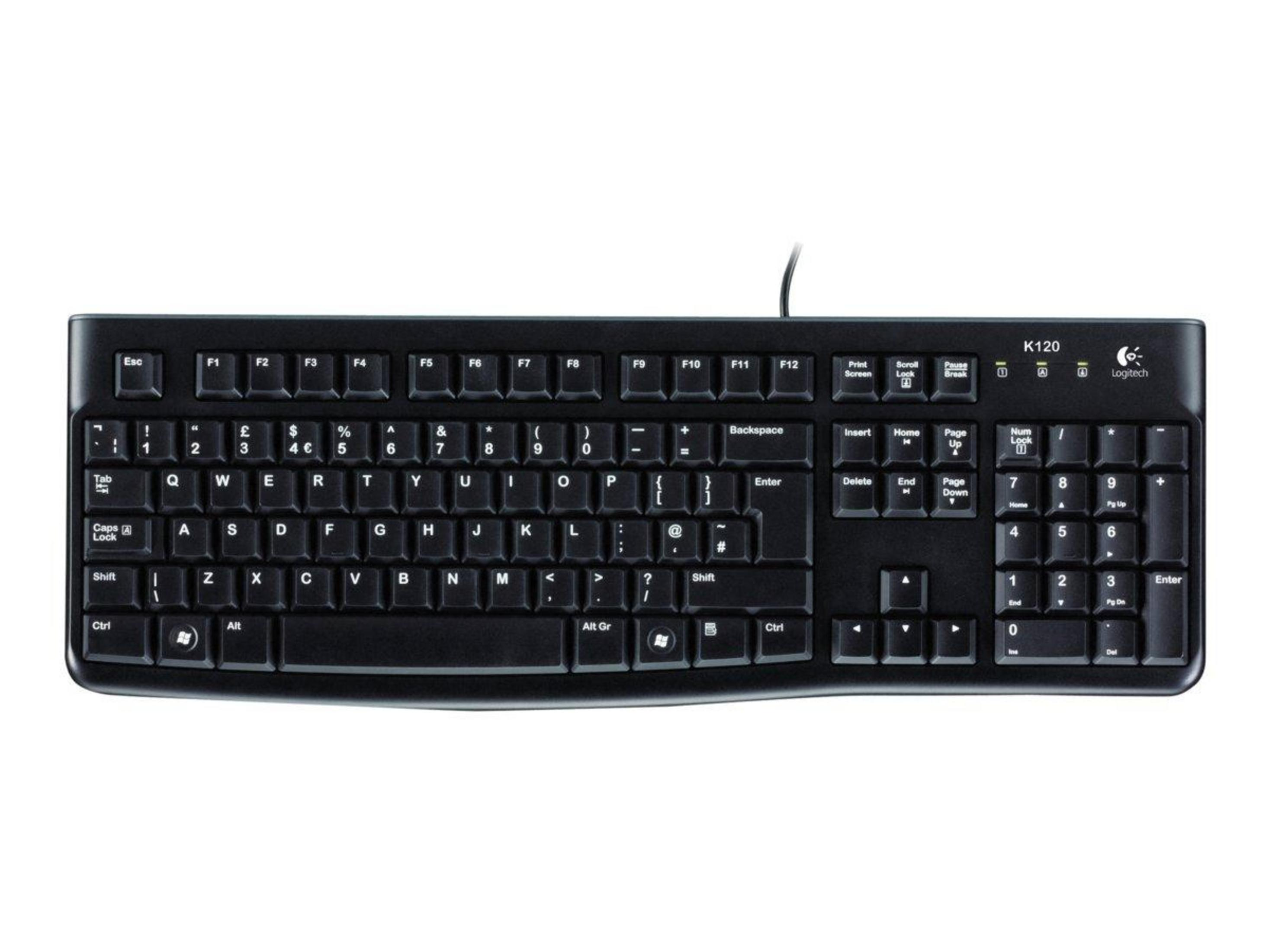 Tastiera Logitech K120 nera con cavo su sfondo bianco.