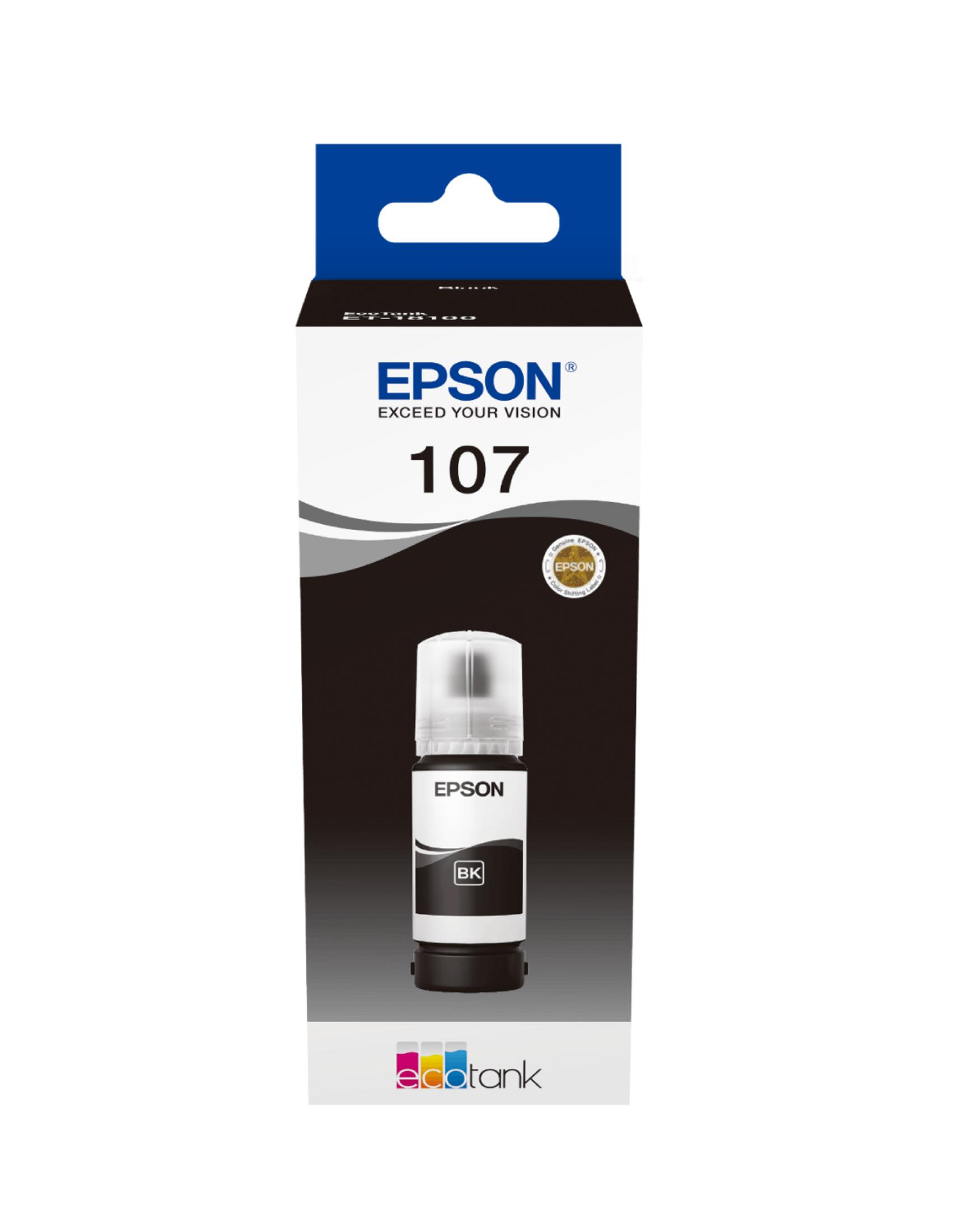 Flacone di inchiostro nero Epson 107 EcoTank con etichetta "BK" sulla scatola.