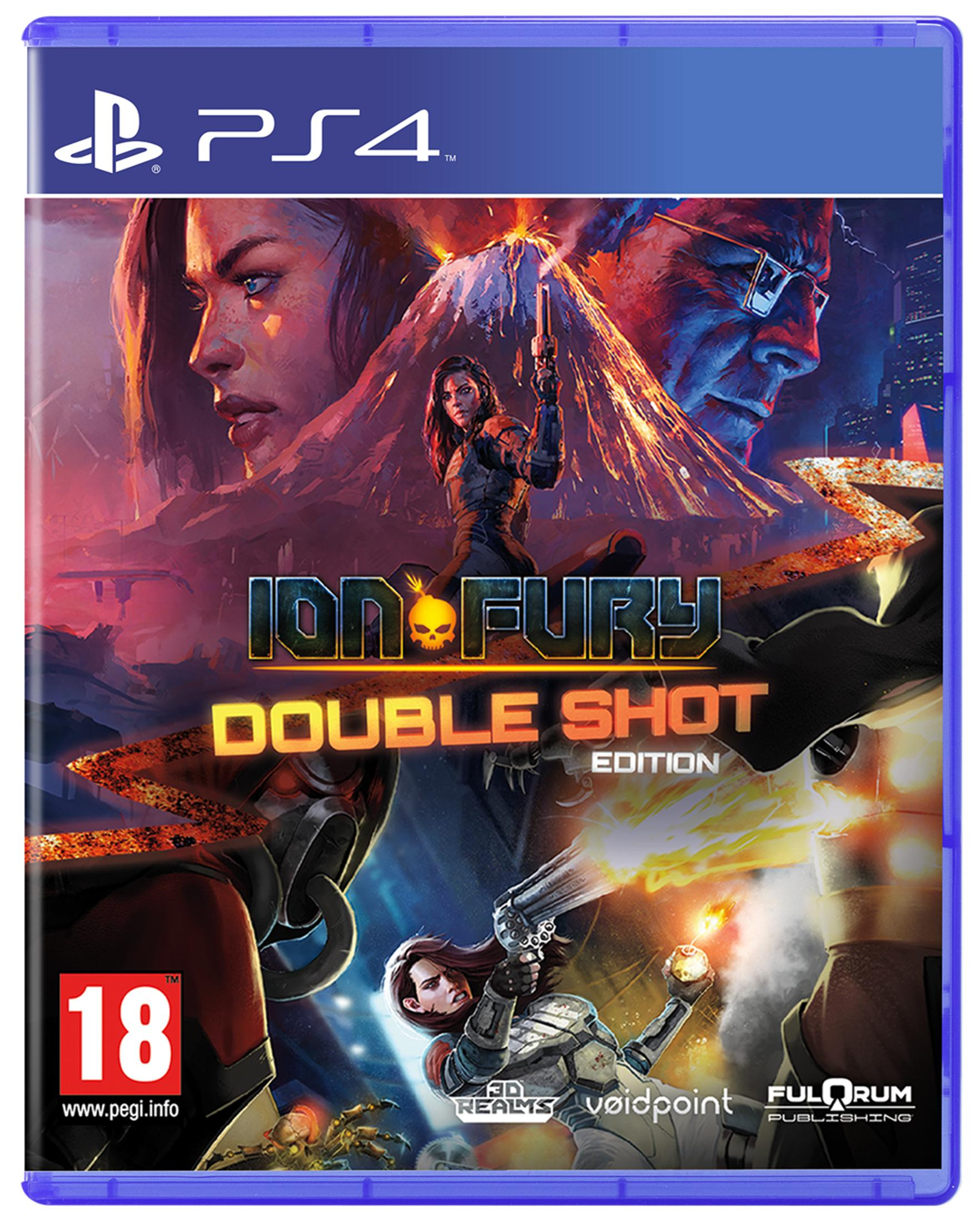 Copertina gioco PS4: Donne con pistole, vulcano, esplosioni e logo PS4.
