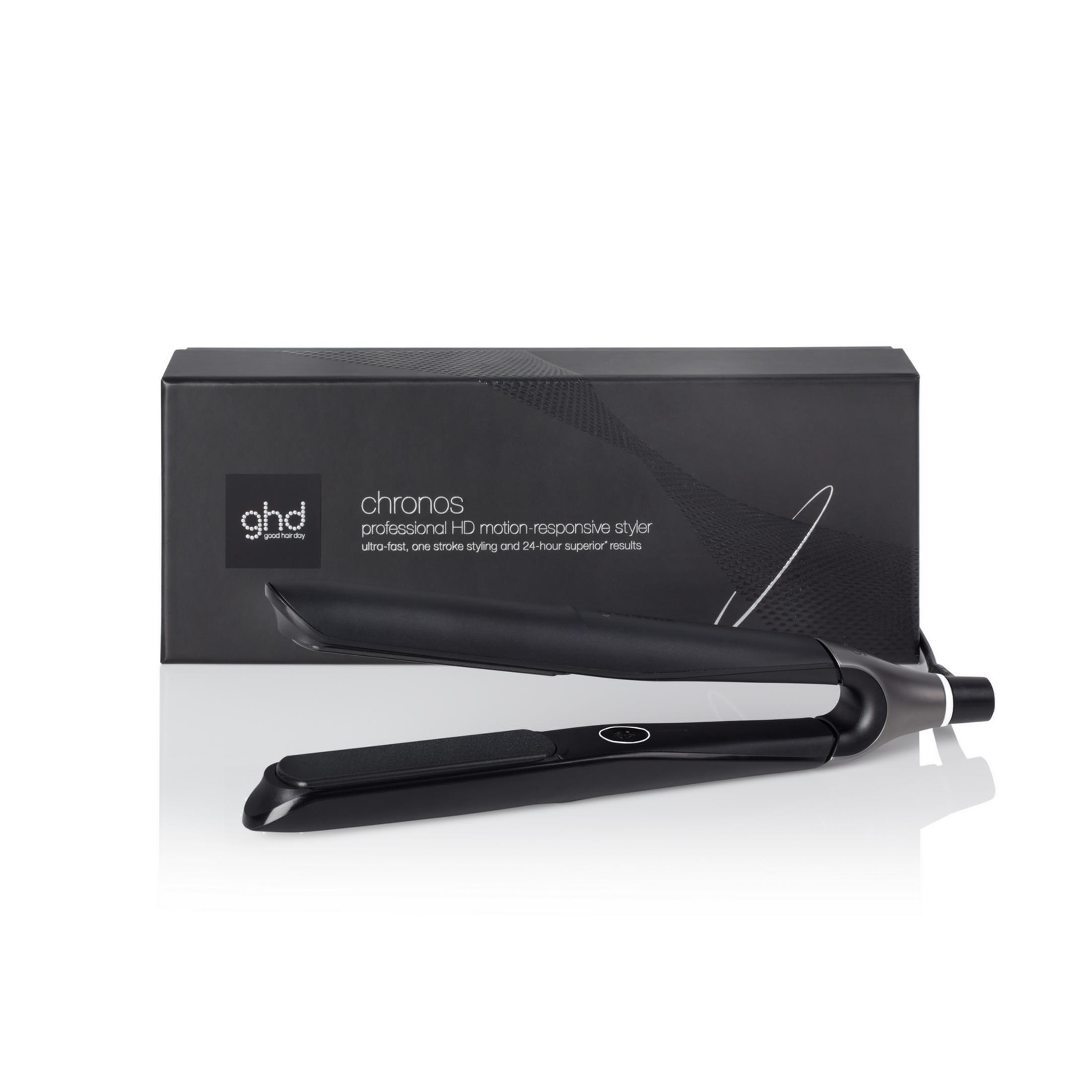 Schwarzer Haarglätter von ghd mit Verpackung, Modell Chronos.