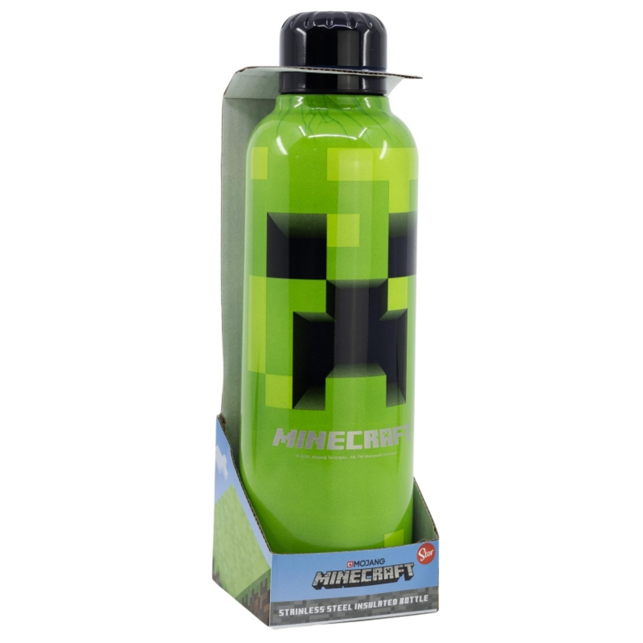 Botella verde Minecraft Creeper con tapa negra en empaque.