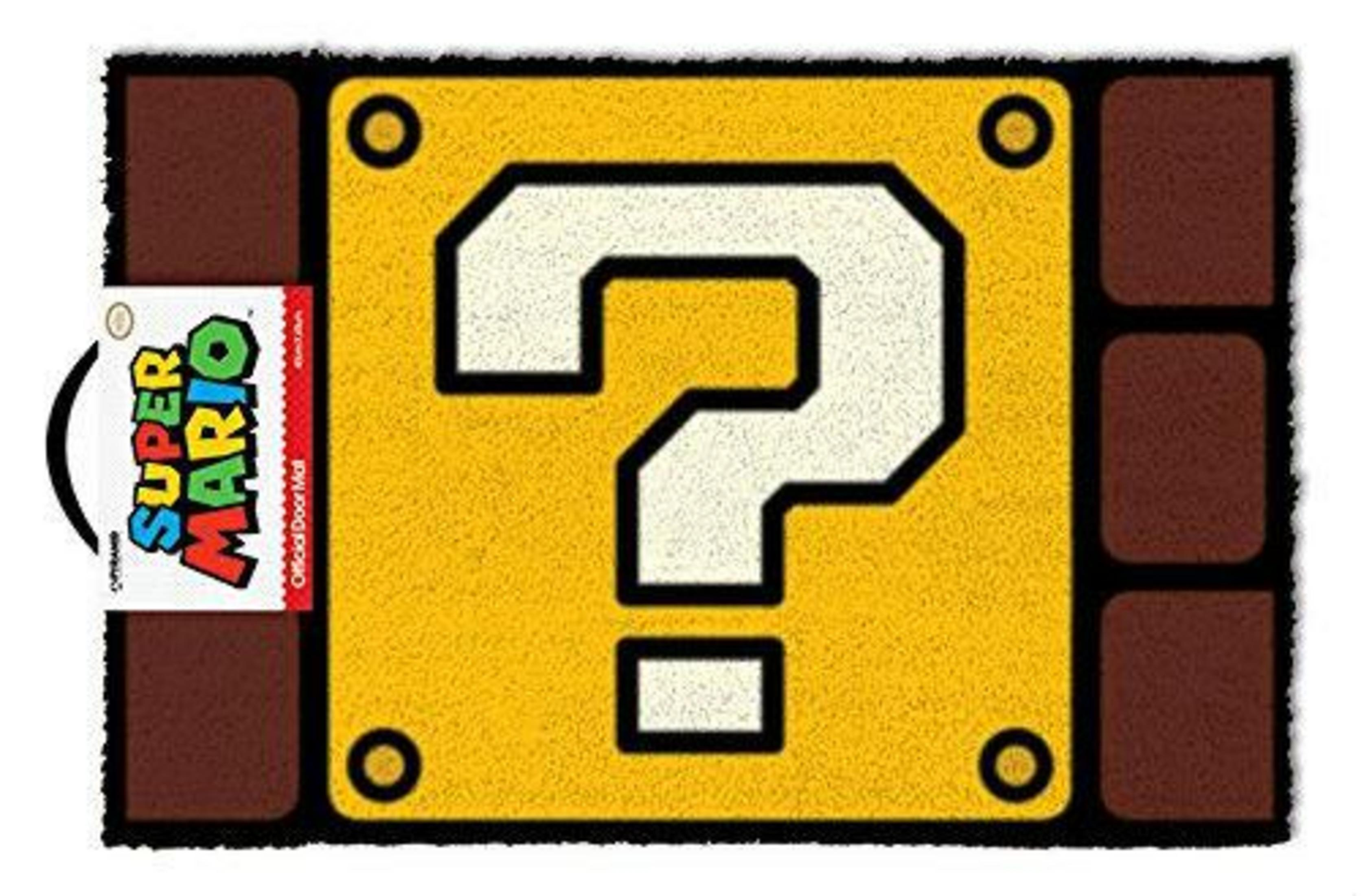 Mata podłogowa z żółtym blokiem znaku zapytania i logo Super Mario.