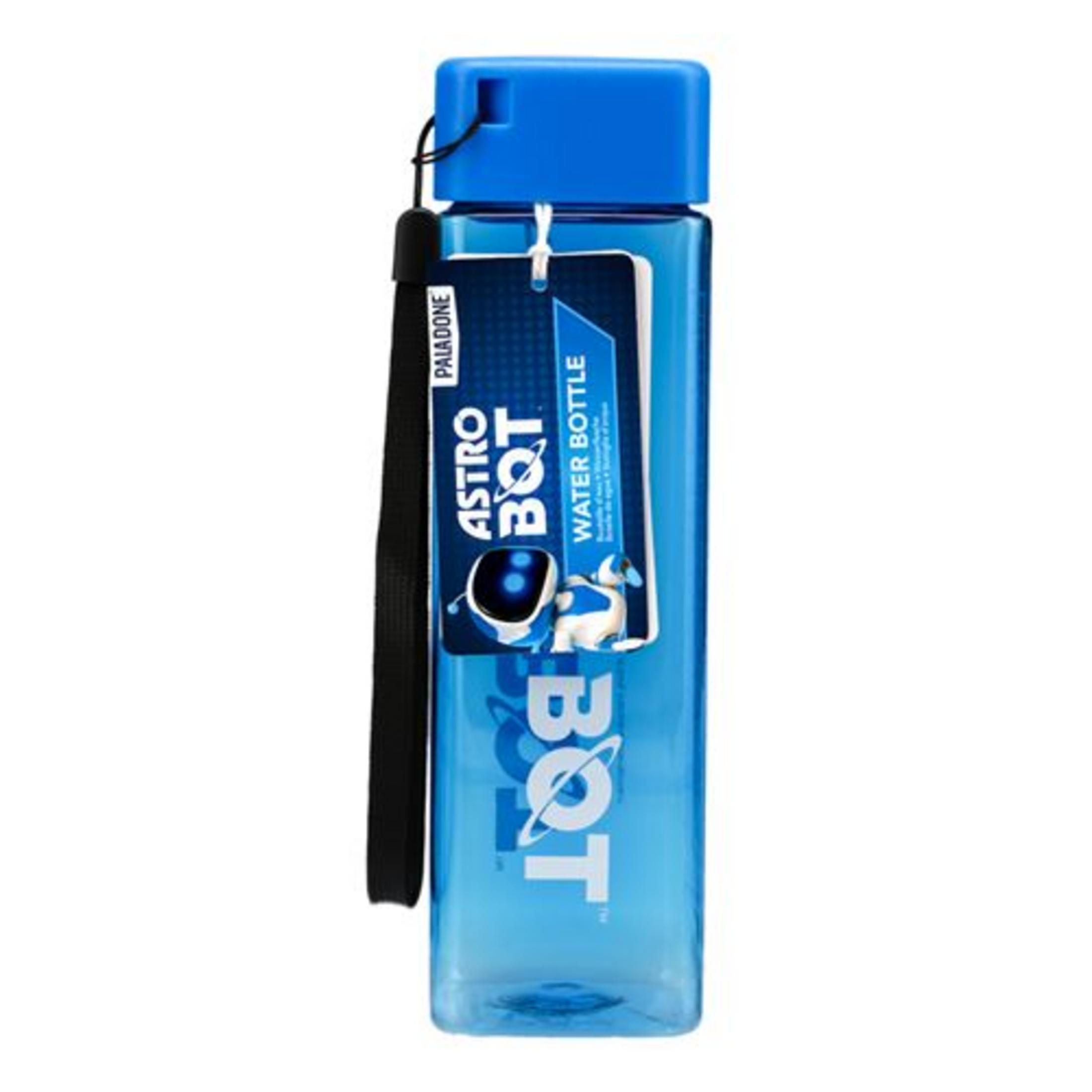 Eine transparente blaue Wasserflasche mit einem blauen Deckel und einem Anhänger.