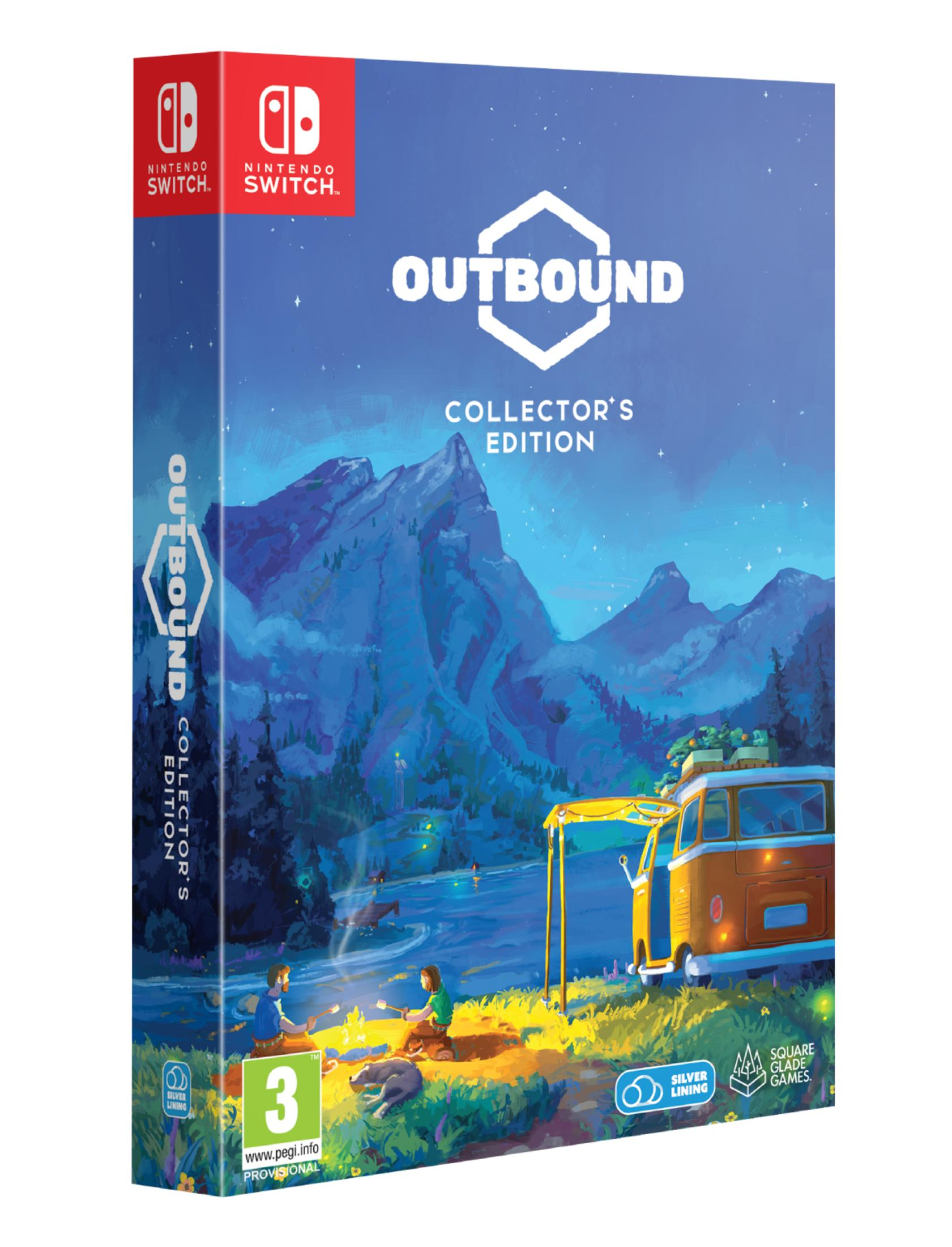 Confezione del gioco Outbound Collector's Edition con logo Nintendo Switch e paesaggio montano.
