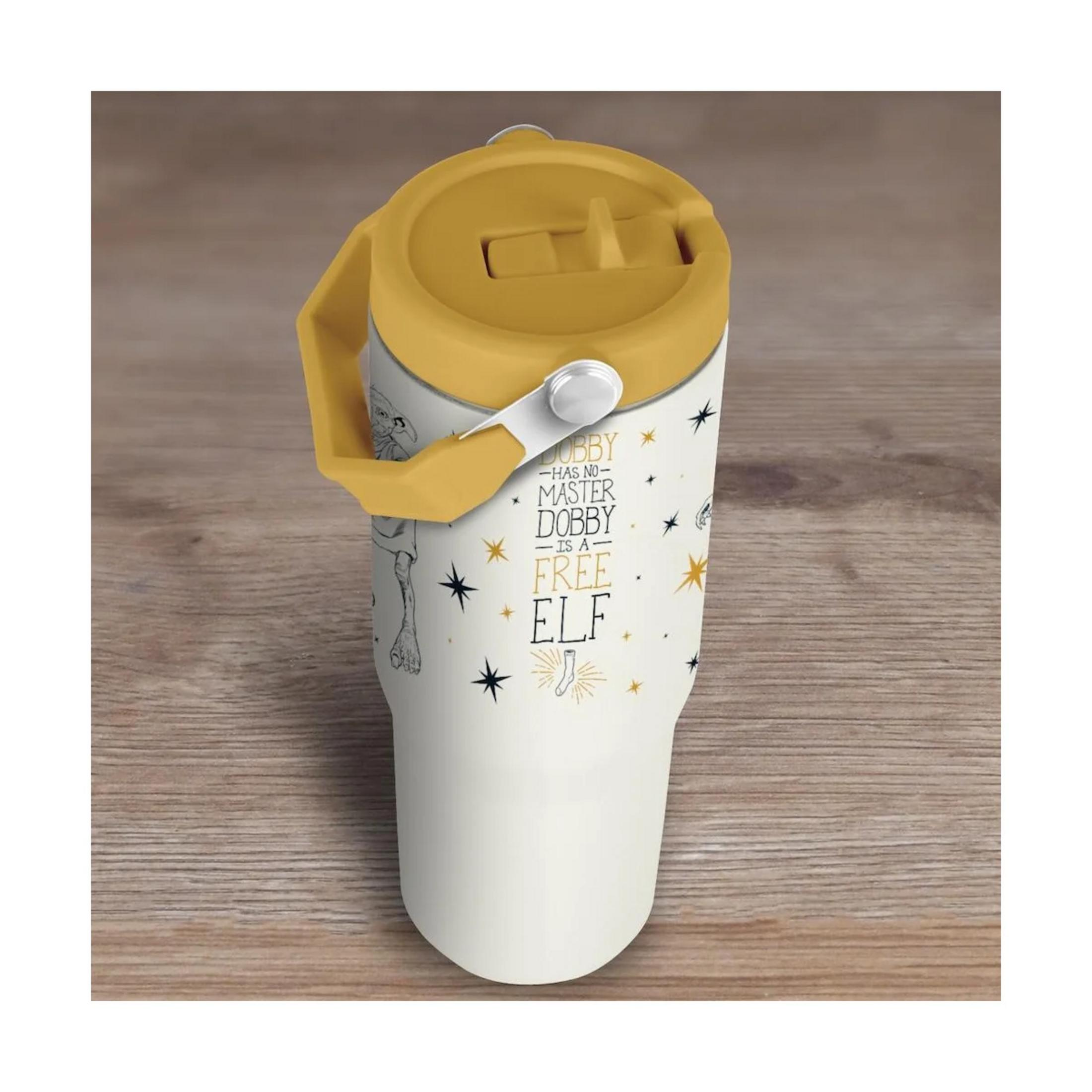 Vaso beige con tapa y asa amarillas y estampado de Dobby.
