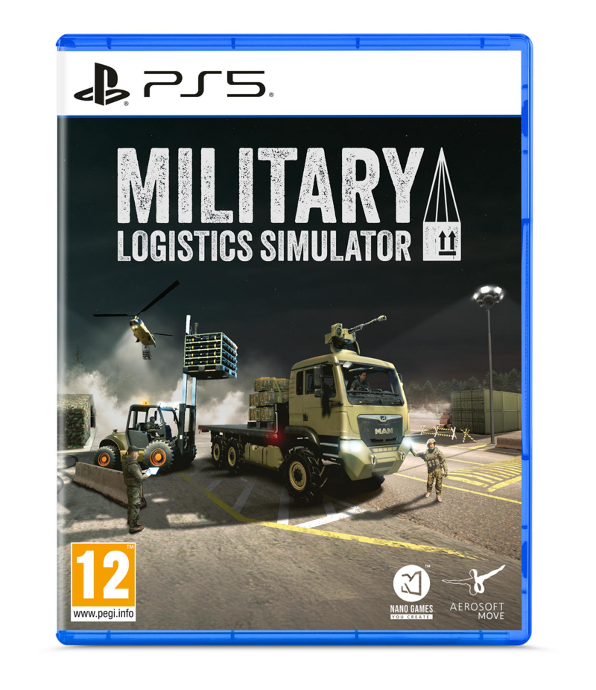 Copertina gioco PS5: Camion militare, carrello elevatore, elicottero, soldati.
