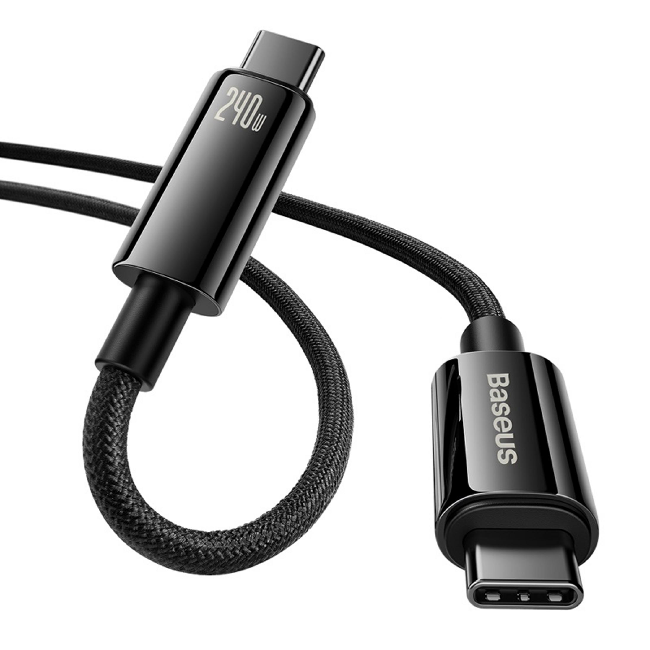 Black USB-C cable with 240W display and Baseus logo.