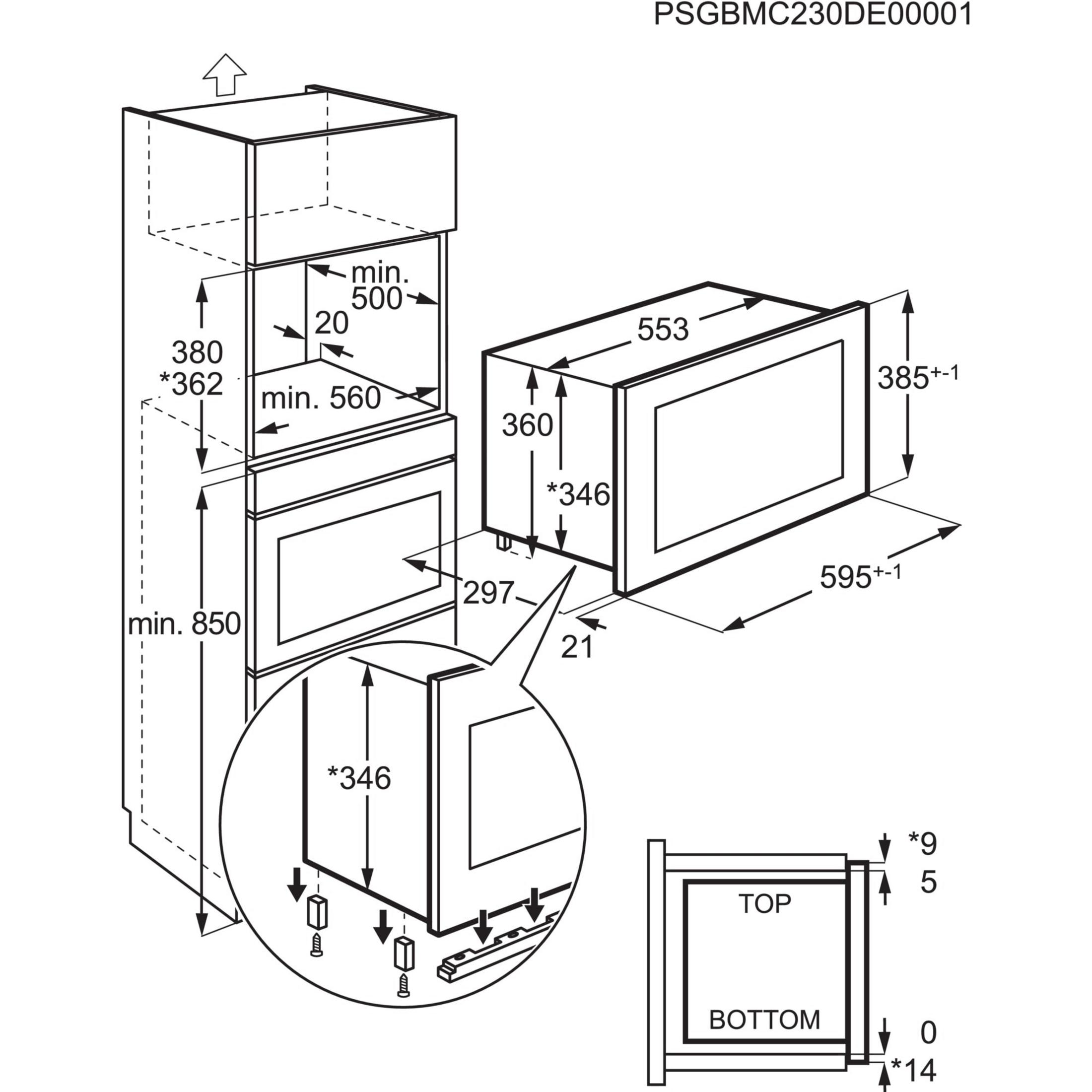 Disegno tecnico di un forno da incasso con dimensioni e dettagli di installazione.