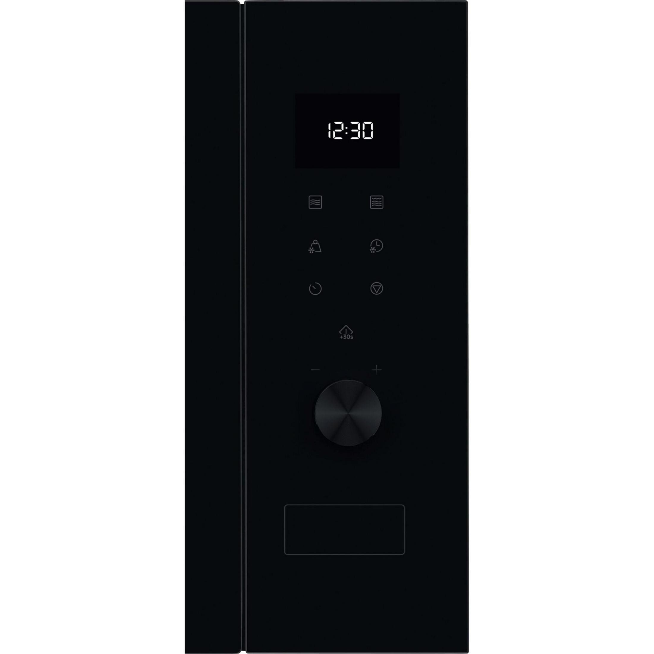Pannello di controllo nero con orologio digitale 12:30 e icone.