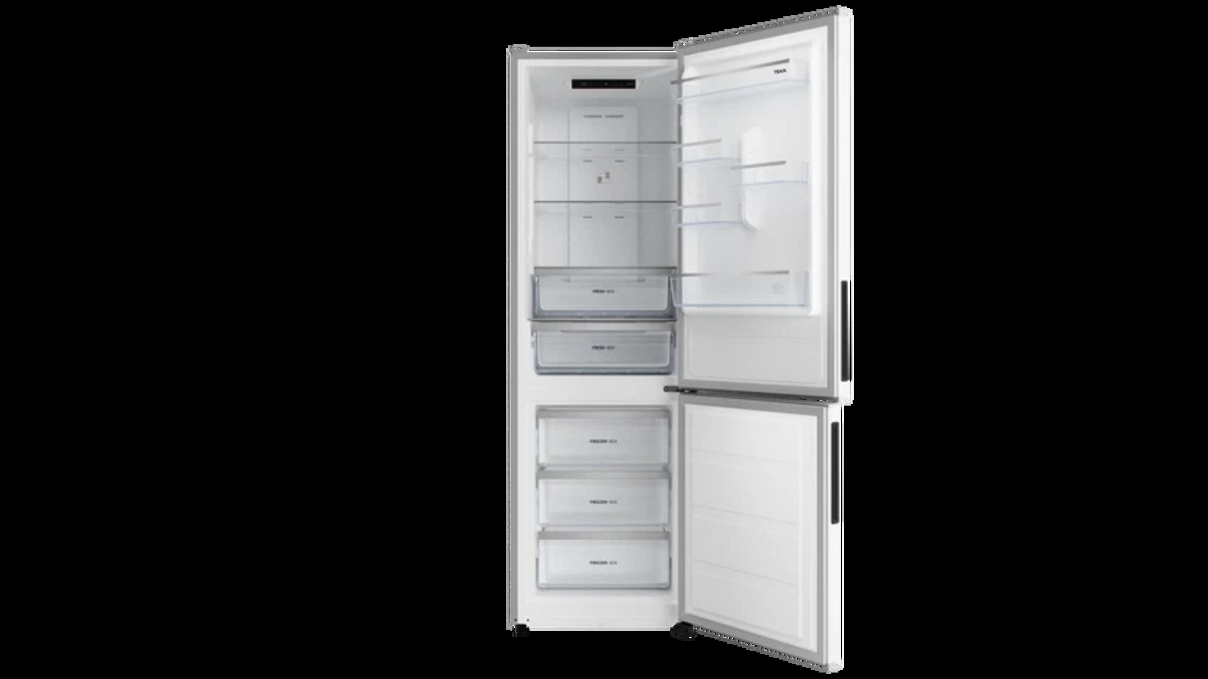 Un refrigerador blanco abierto con varios estantes y cajones.