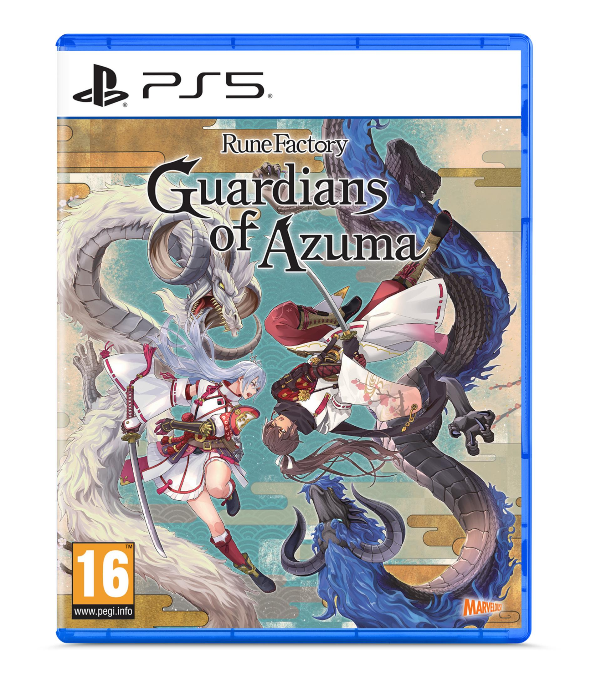 Custodia gioco PS5: Rune Factory Guardians of Azuma con draghi e guerrieri.