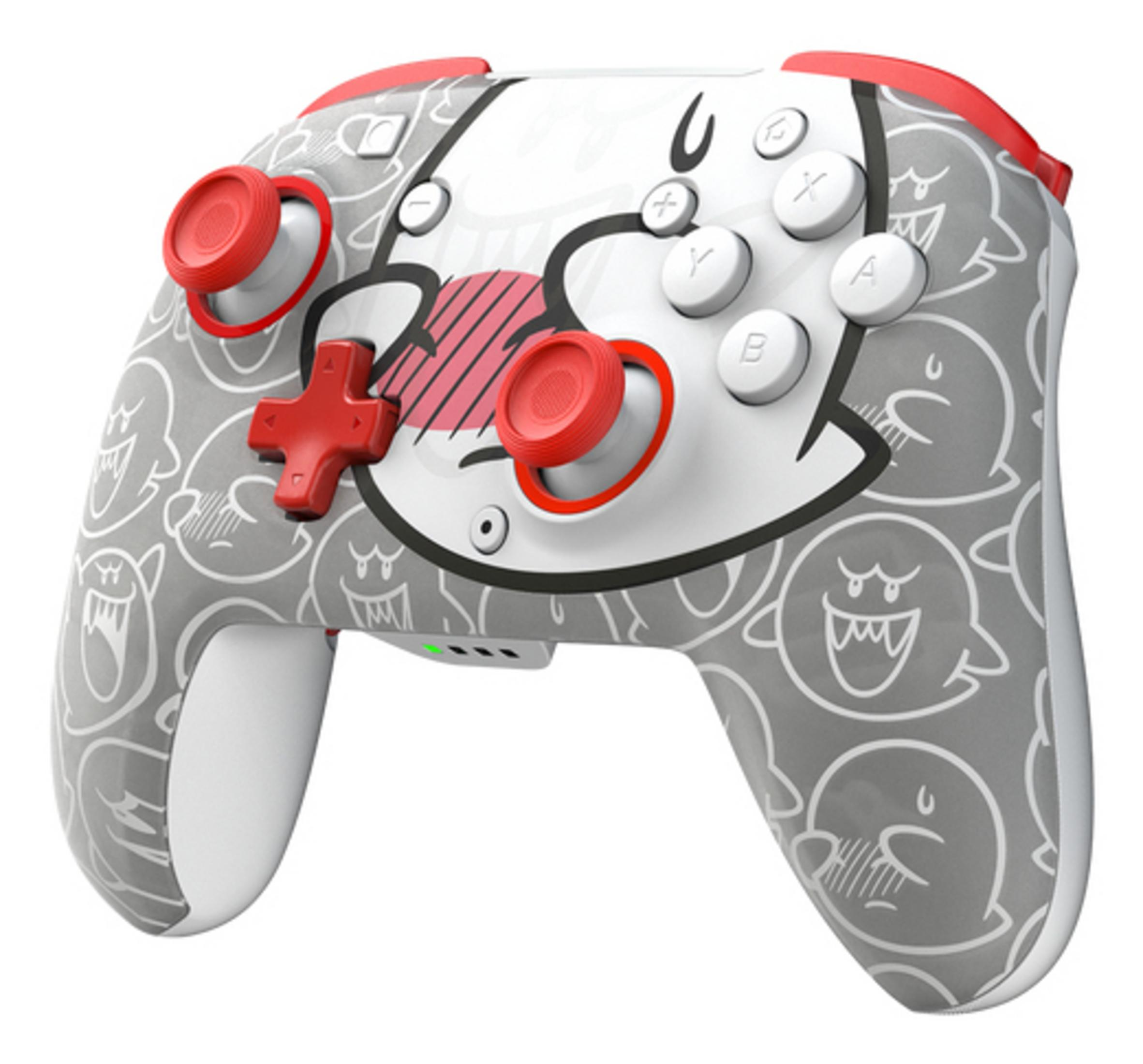 Controller grigio Nintendo con motivo Boo, accenti rossi e pulsanti bianchi.