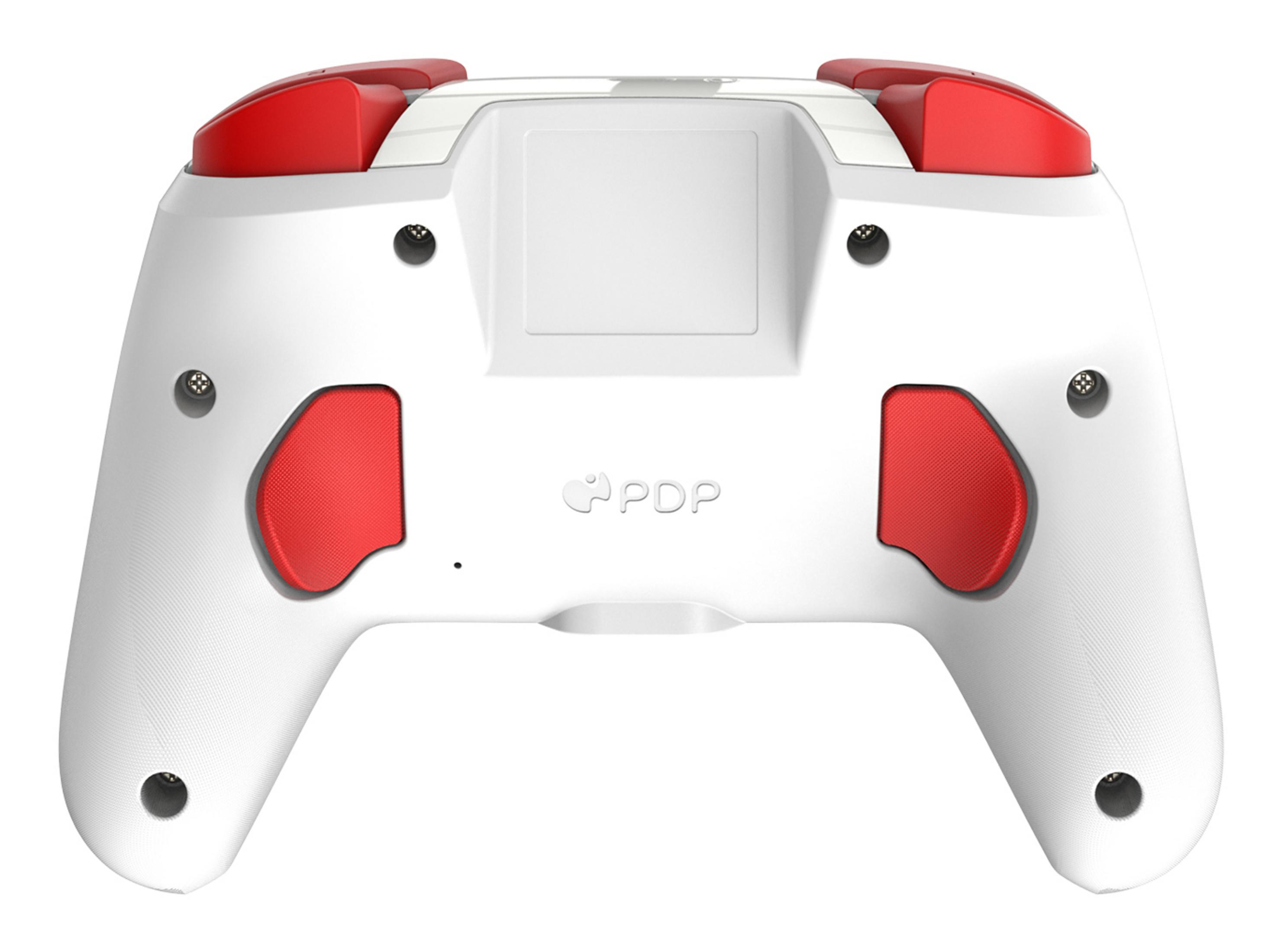 Retro controller da gioco bianco con accenti rossi e logo PDP.