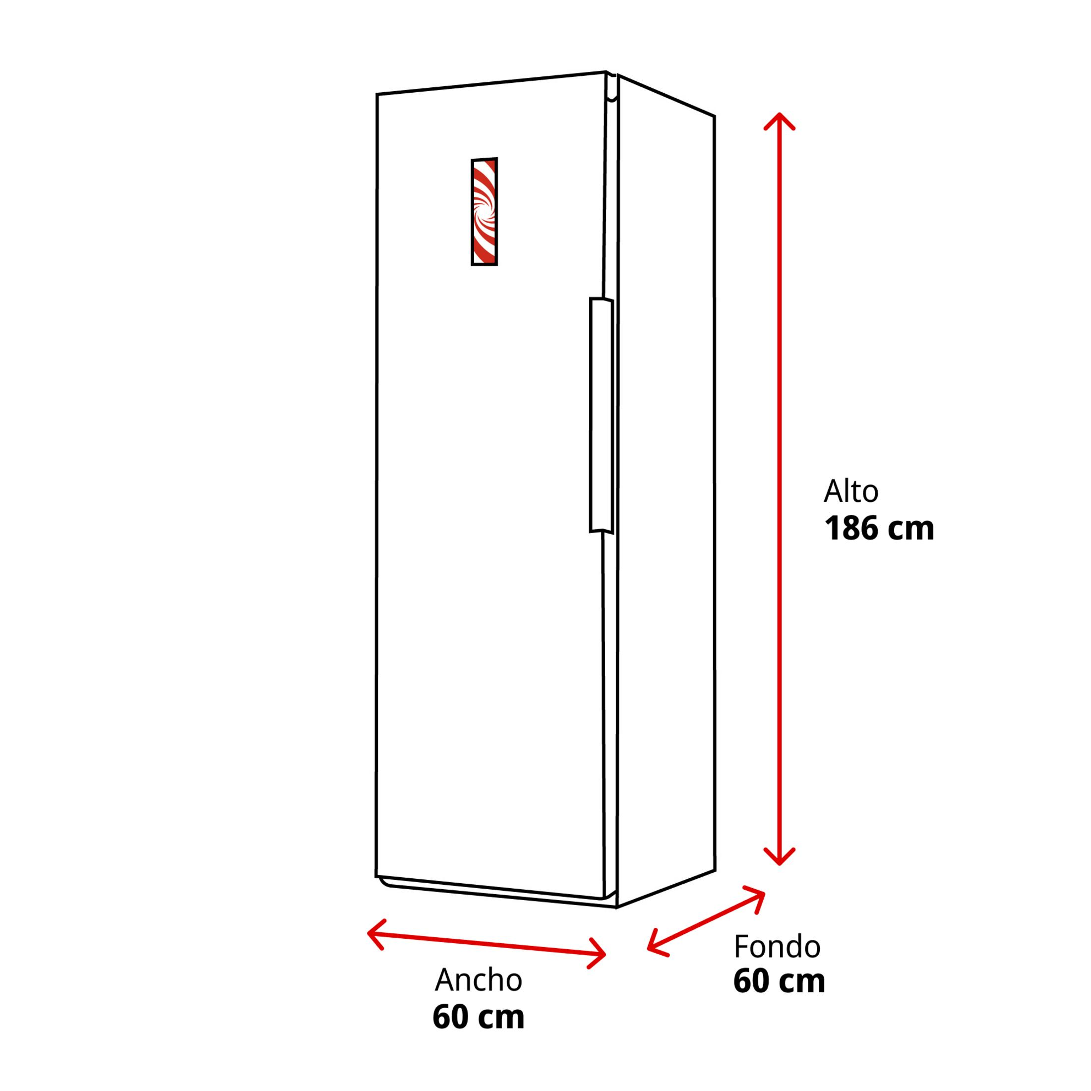 Un refrigerador de 186x60x60 cm con un símbolo de remolino rojo.