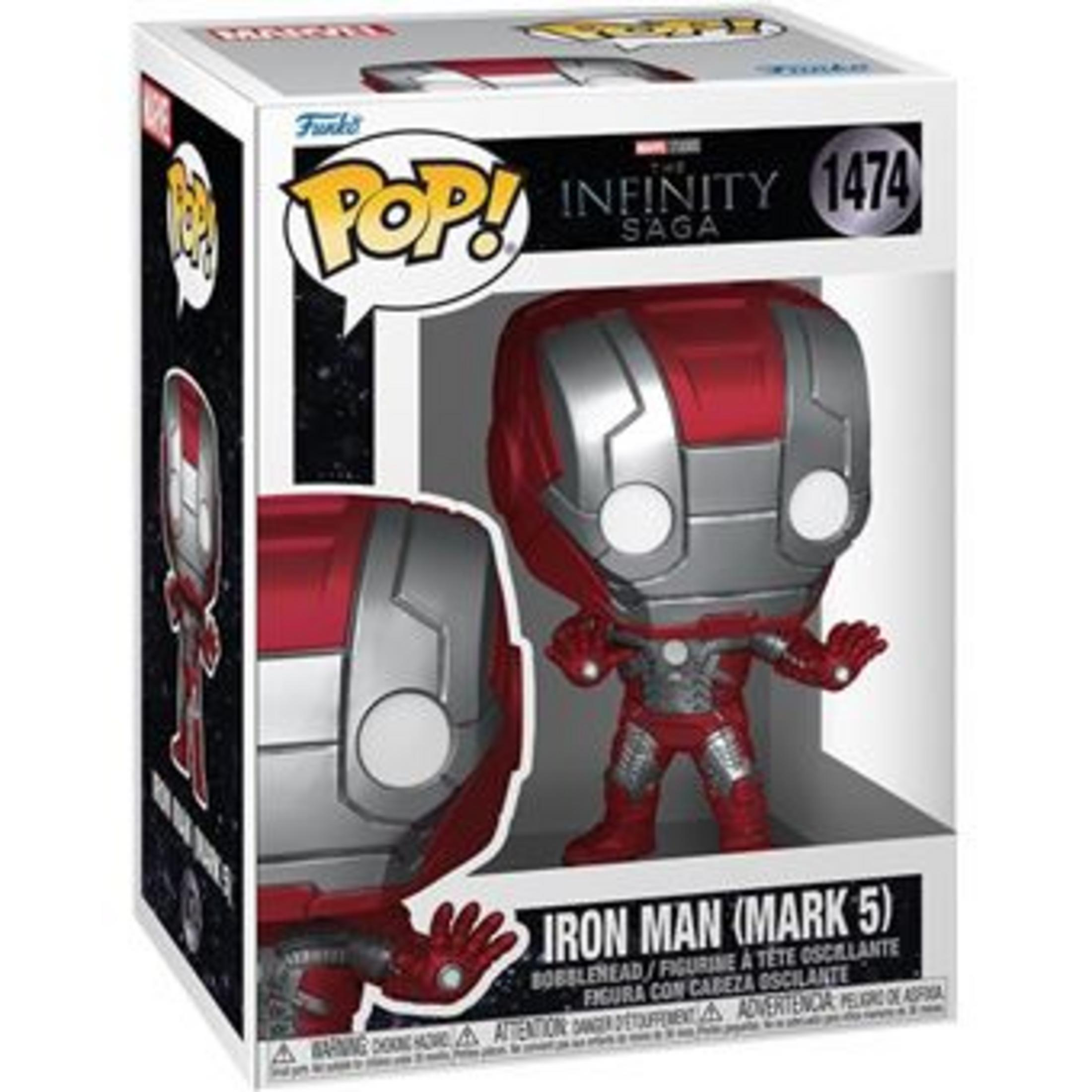 Figura Funko Pop! Iron Man (Mark 5) Saga Infinito, roja y plateada.