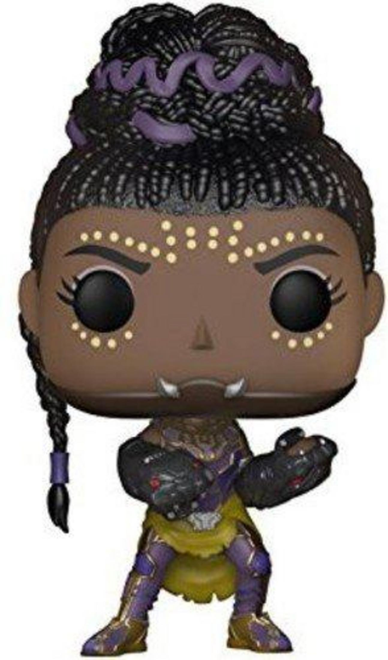 Eine Funko-Puppe mit dunkler Haut, lila Akzenten, Bünden und gelbem Rock.