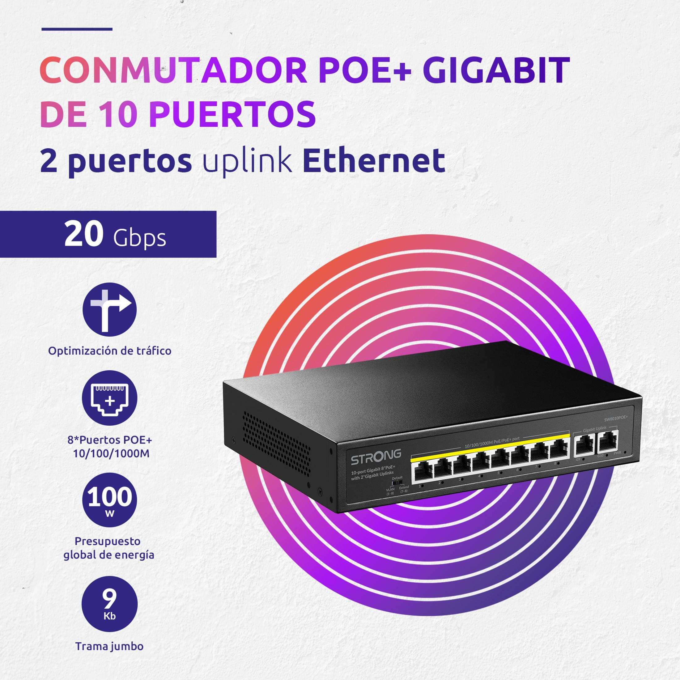 Ein schwarzer 10-Port-Gigabit-PoE+-Switch mit Uplinks. Beschriftungen geben Details an.