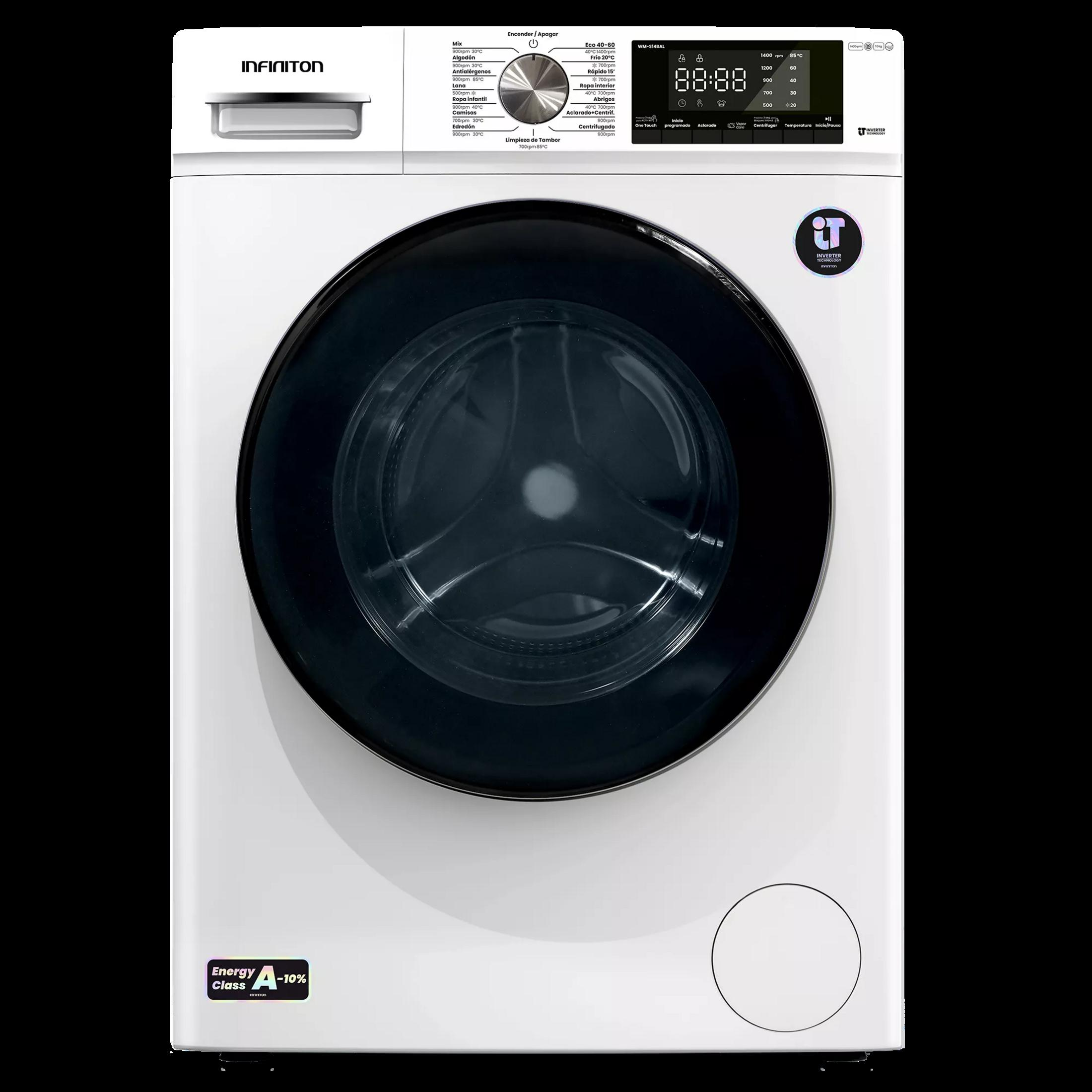 Una lavadora blanca de carga frontal con puerta y panel de control negros.