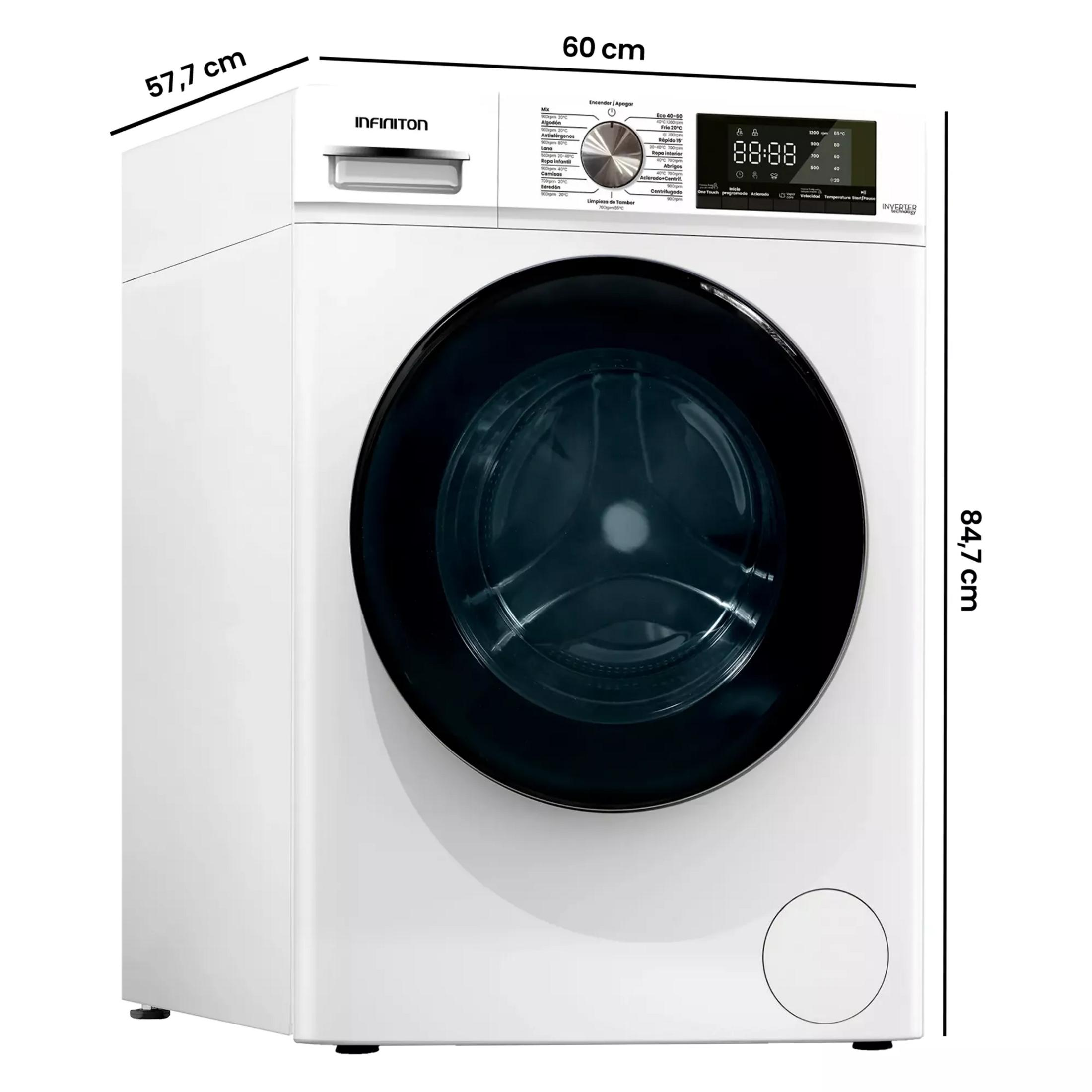 Una lavadora blanca con puerta negra y controles digitales.